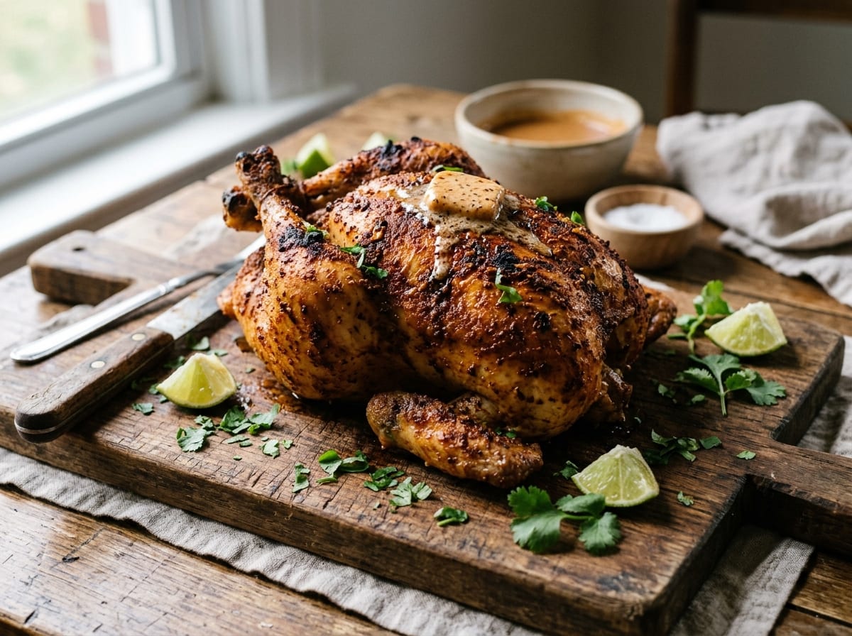 Ein ganzes Brathähnchen mit rötlich-brauner Chipotle-Limetten-Kruste auf einem Holzbrett, garniert mit Koriander und Limettenspalten, obenauf ein schmelzendes Stück Chipotle-Butter