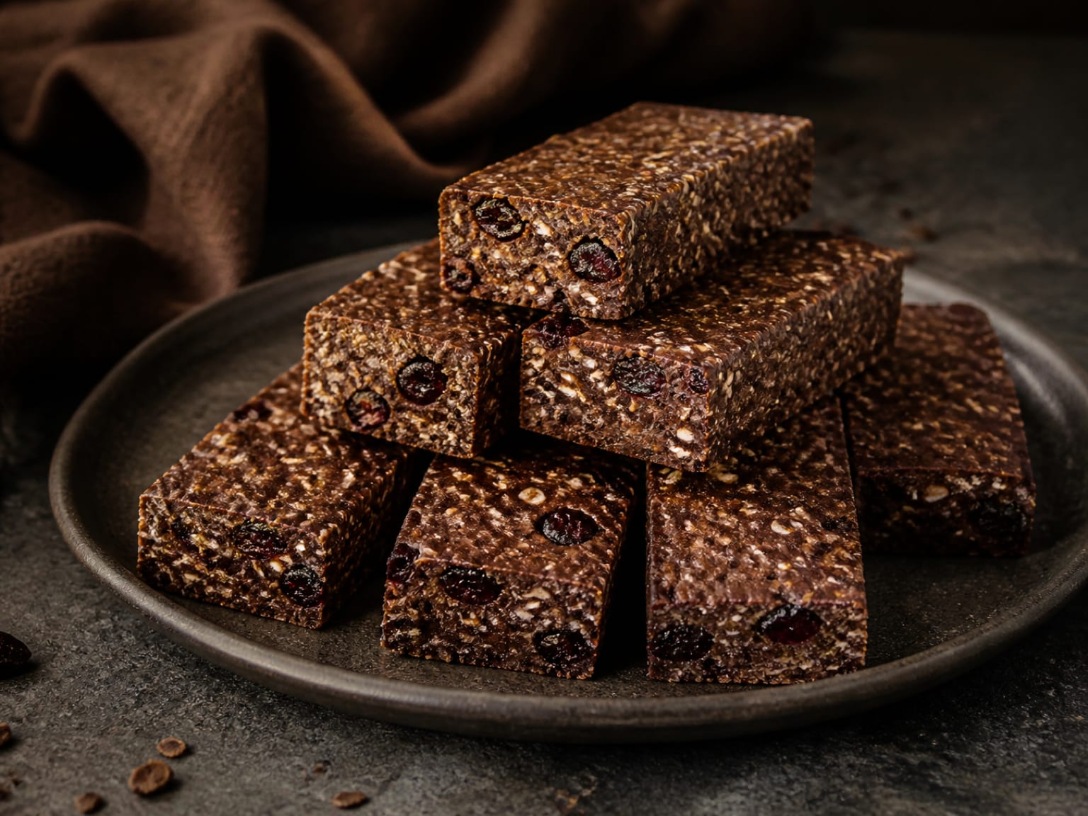Dark cocoa oat bars with tart cherry pieces and finely chopped dark chocolate