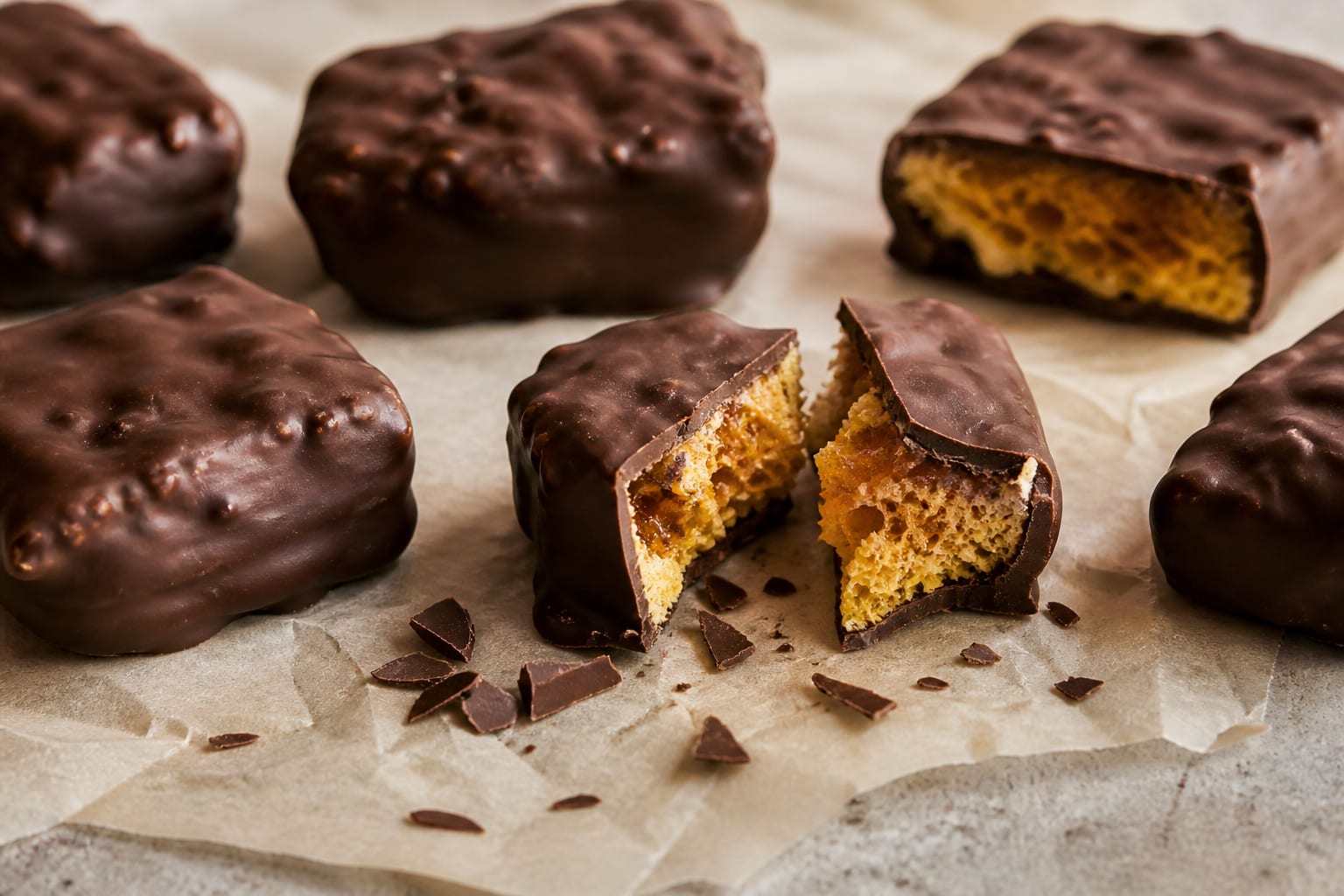 Chocolate-covered honeycomb bars arranged for serving