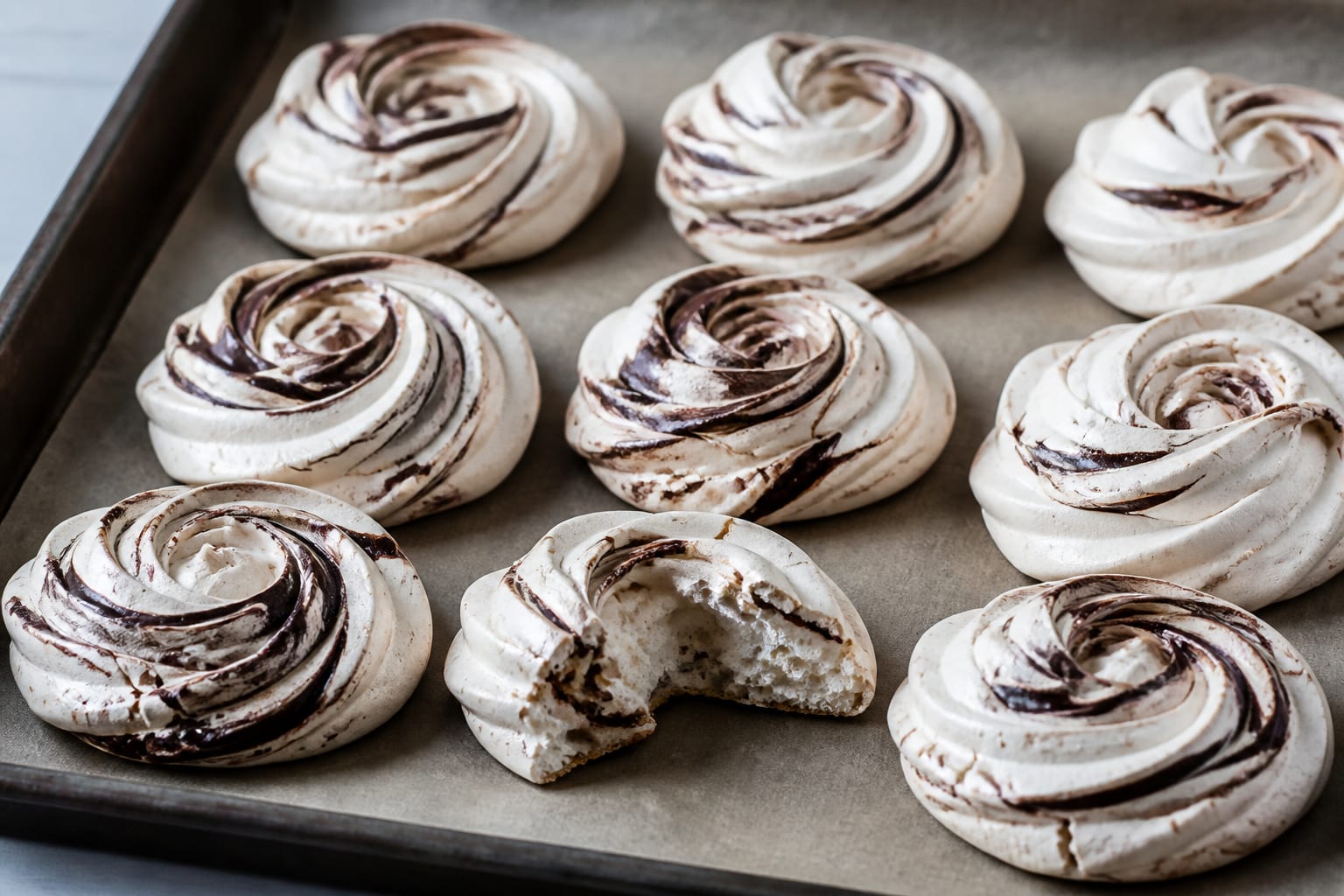 Chocolate-swirled meringue cookies arranged for serving