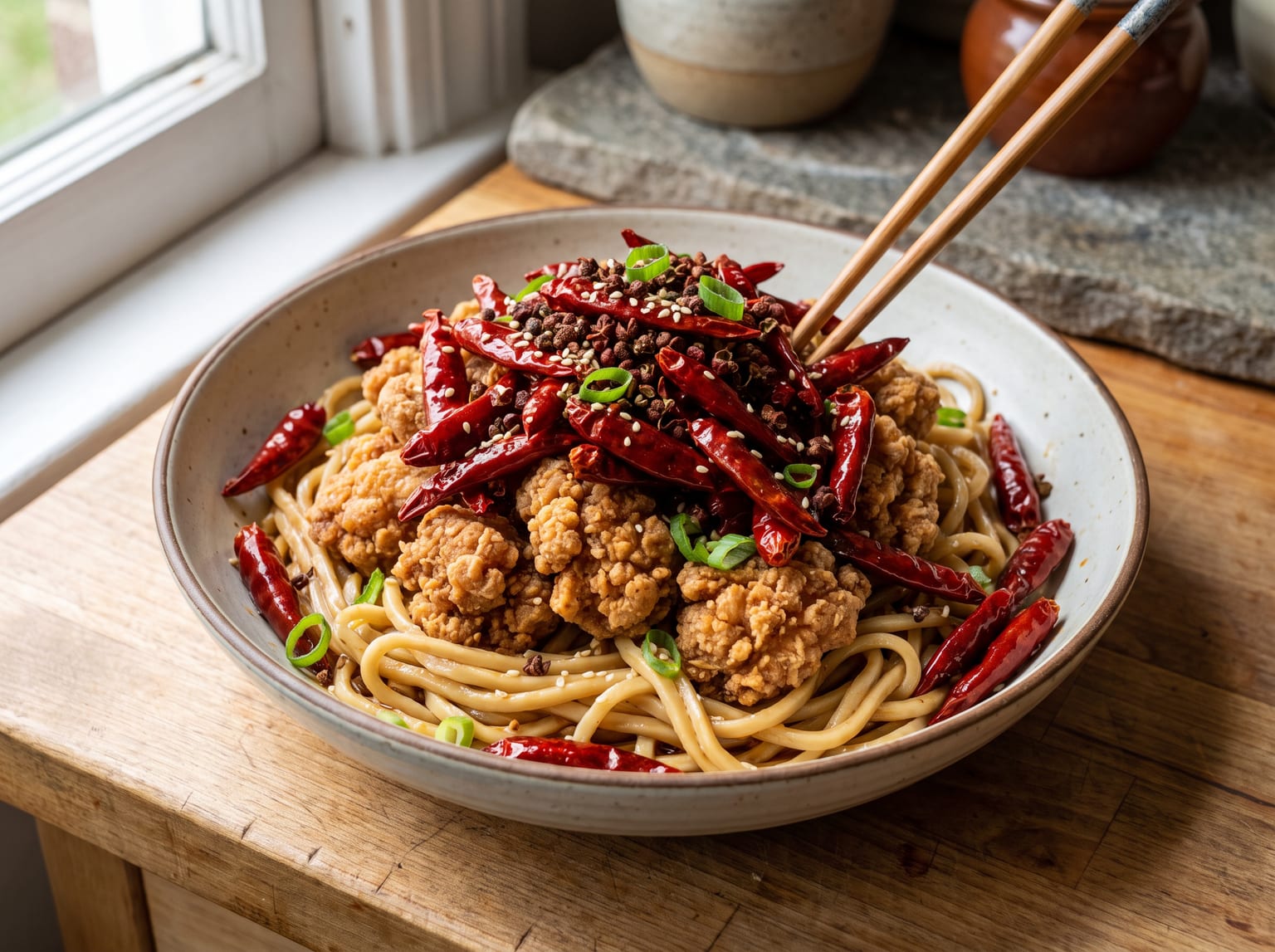 A bowl of noodles topped with crispy fried chicken tossed through a mountain of dried chilies and Sichuan peppercorns
