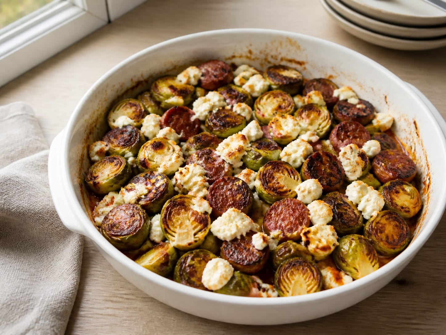 Chorizo-Feta-Rosenkohl-Auflauf, plated for serving