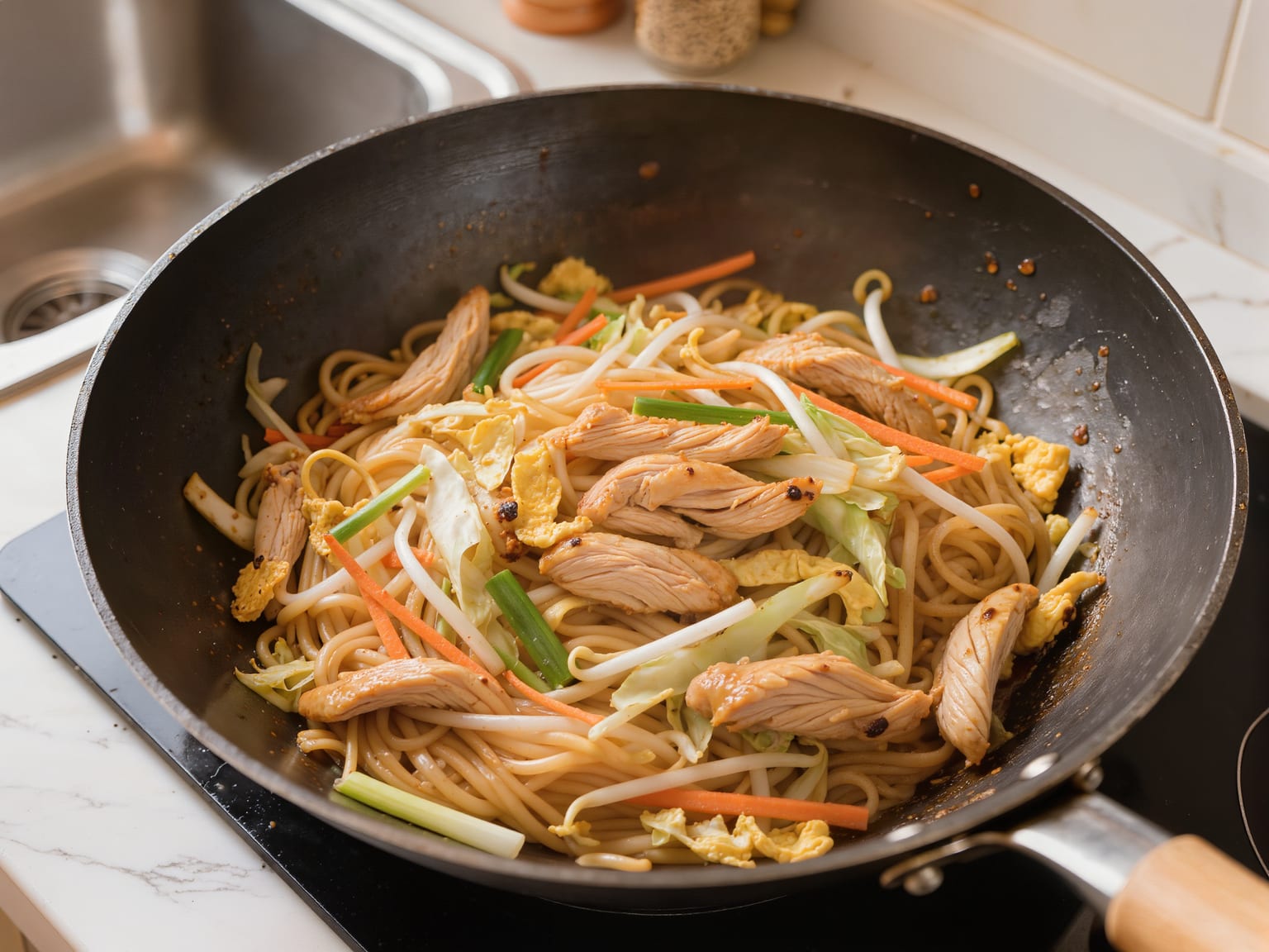 A wok of chow mein with glossy noodles, shredded cabbage, carrot and sliced chicken