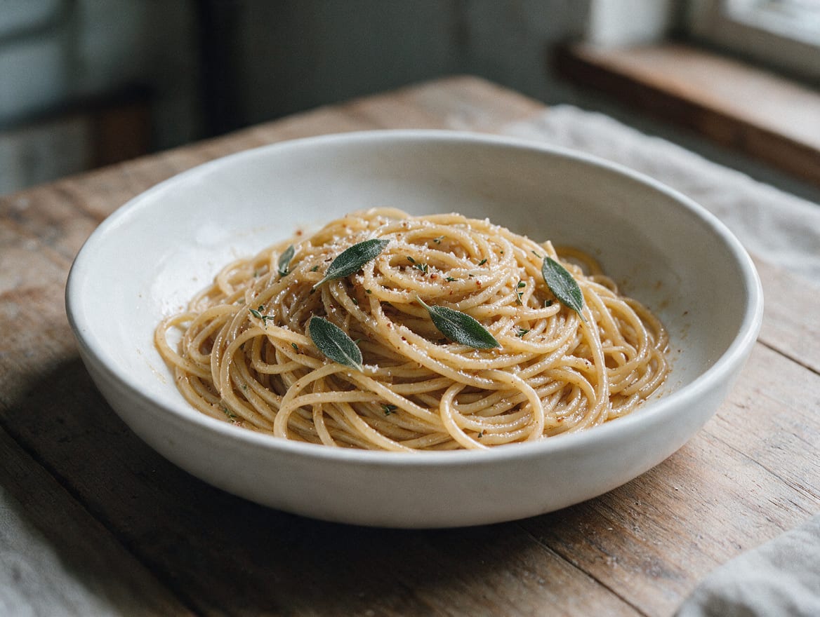Glossy brown butter spaghetti with crisp sage leaves, thyme, black pepper, and finely grated cheese