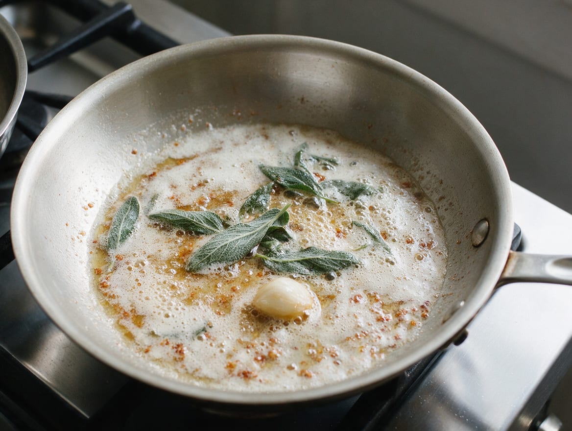 Amber milk solids and crisp sage leaves in foaming butter in a pale skillet
