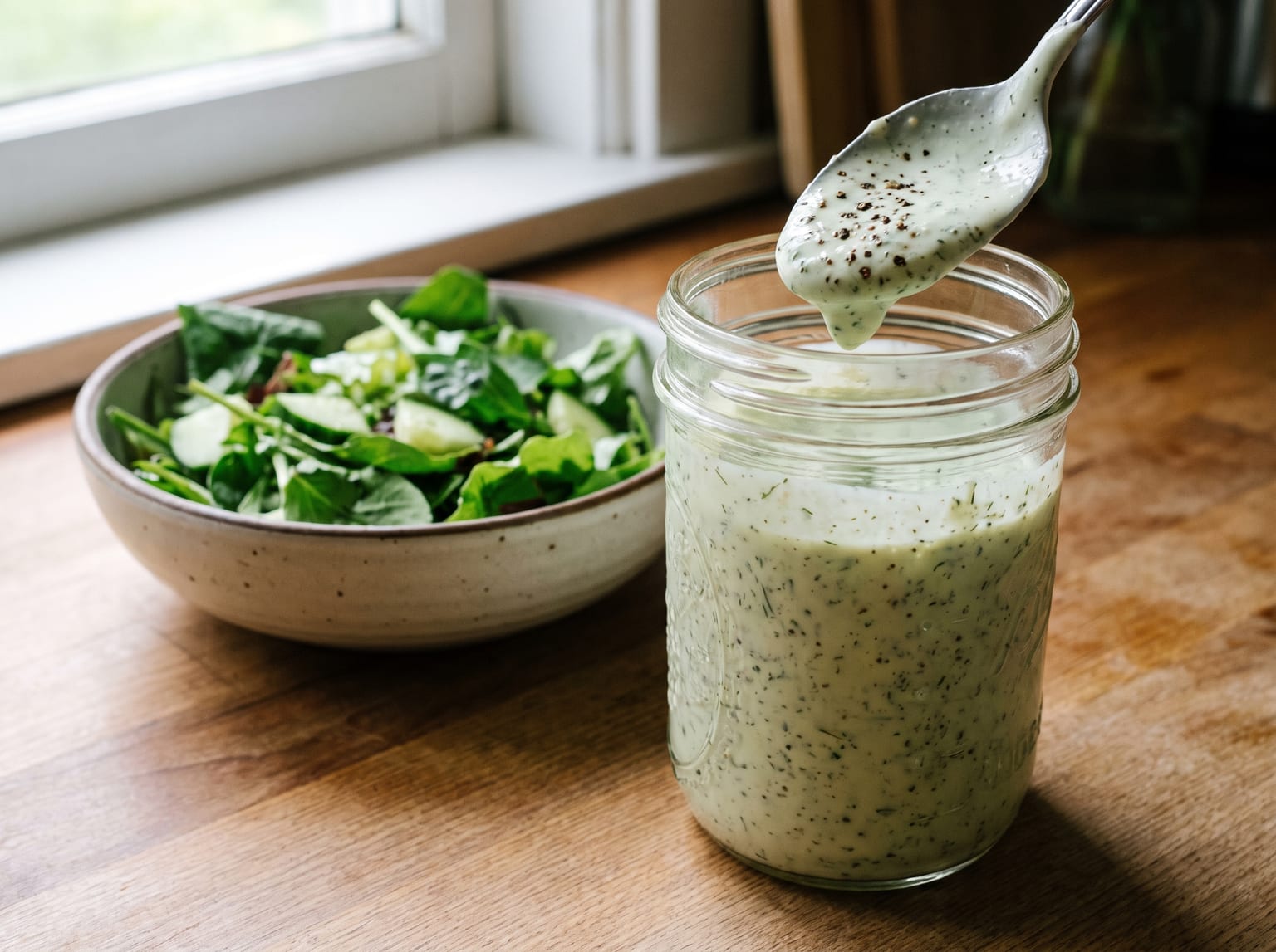 Ein Glas dickes cremiges Joghurtdressing mit Dill und grobem schwarzem Pfeffer gesprenkelt, ein Löffel hebt etwas heraus, daneben ein grüner Salat