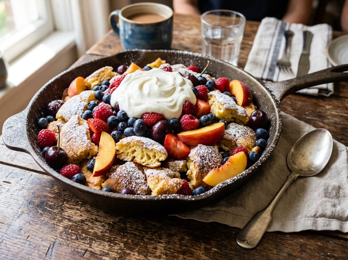 Eine sehr große Pfanne mit dicken, gerissenen goldenen Pfannkuchenstücken, mit Puderzucker bestäubt, darauf frische Beeren und ein Löffel aufgeschlagener Joghurt