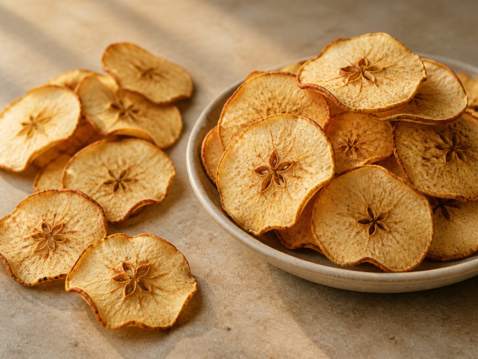 Thin cinnamon-dusted apple rounds dried crisp on a pale baking tray
