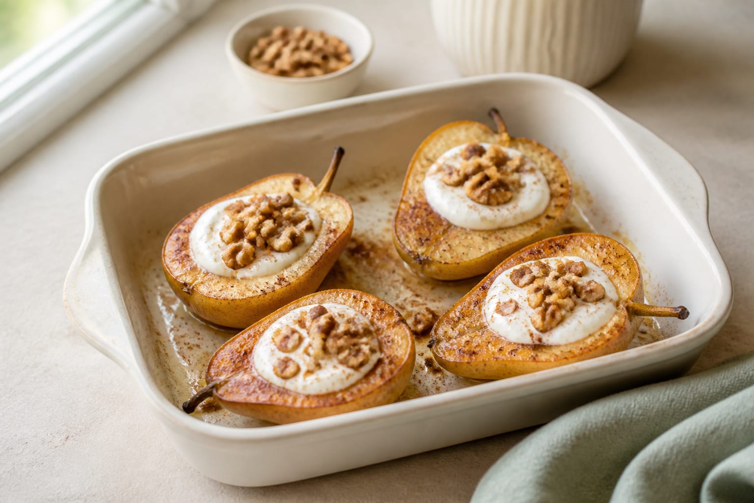 Four cinnamon-baked pear halves in a cream baking dish with modest spoonfuls of Greek yogurt and toasted walnuts in soft window light