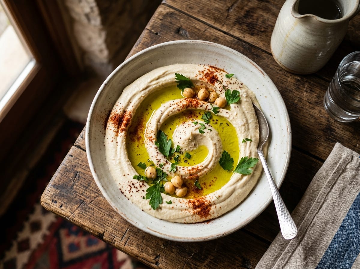 A shallow bowl of very pale smooth hummus swirled into a deep well, filled with green olive oil and dusted with paprika and whole chickpeas