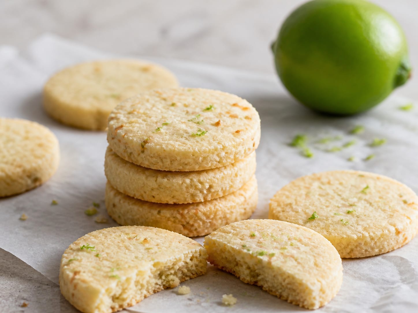 Toasted coconut and lime shortbread arranged for serving