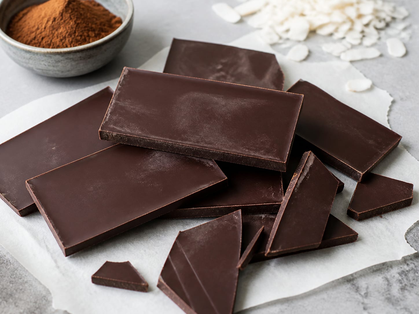 Coconut-oil chocolate bars arranged on parchment