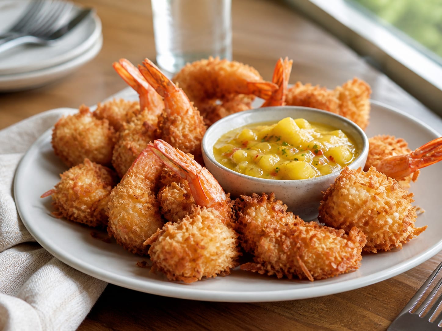 Golden fried coconut shrimp arranged around a bowl of glossy pineapple dipping sauce