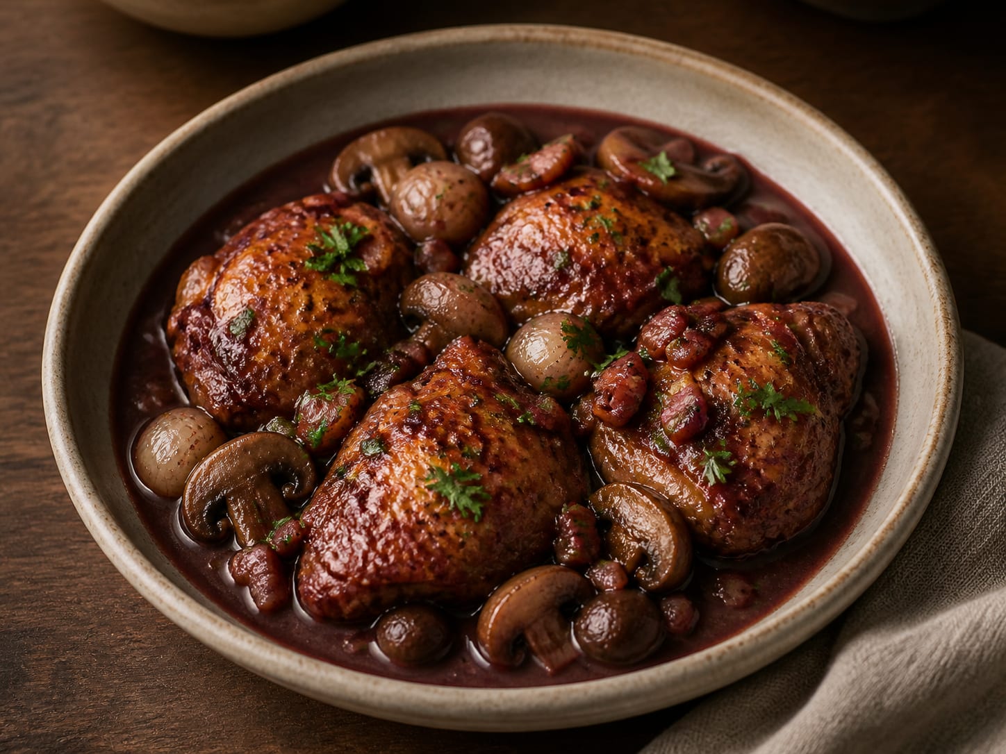Lacquered chicken pieces in dark red wine sauce with pearl onions, mushrooms, and lardons
