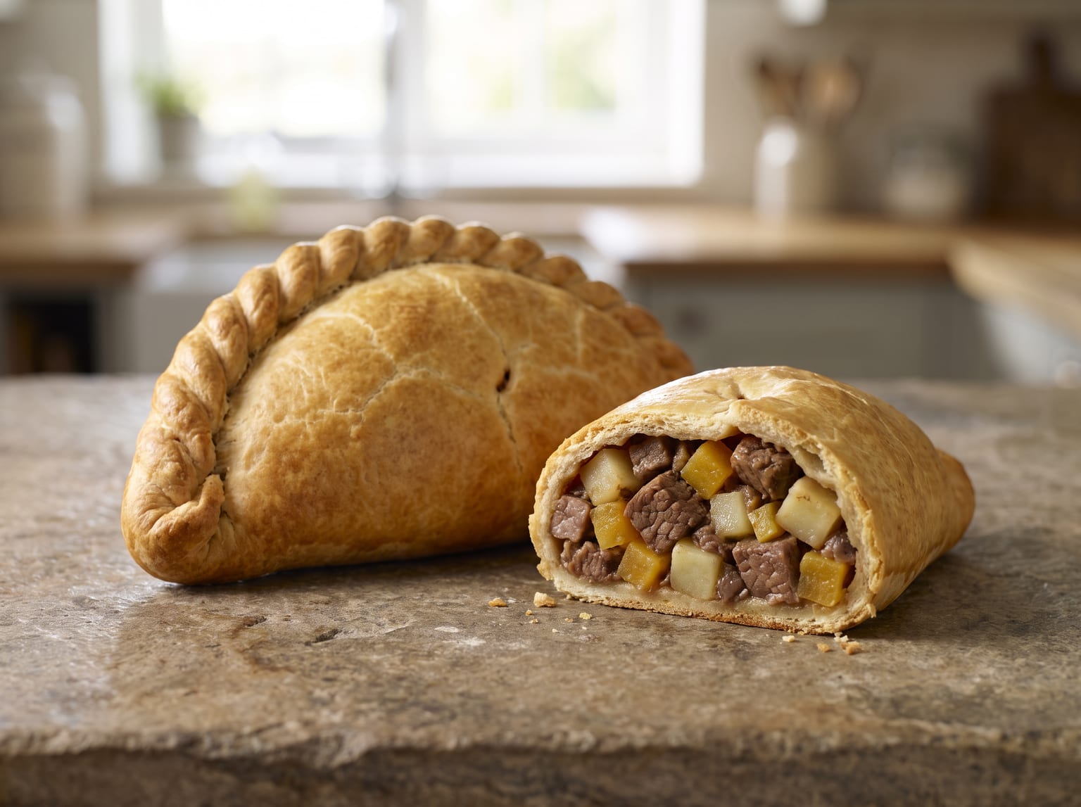 Two Cornish pasties with a crimped rope-twist edge, one cut open showing diced beef and vegetable filling