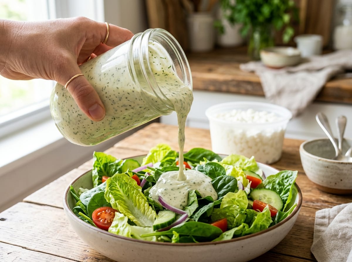 A jar of thick pale green-flecked ranch dressing being poured over a leafy salad, with a tub of cottage cheese out of focus behind