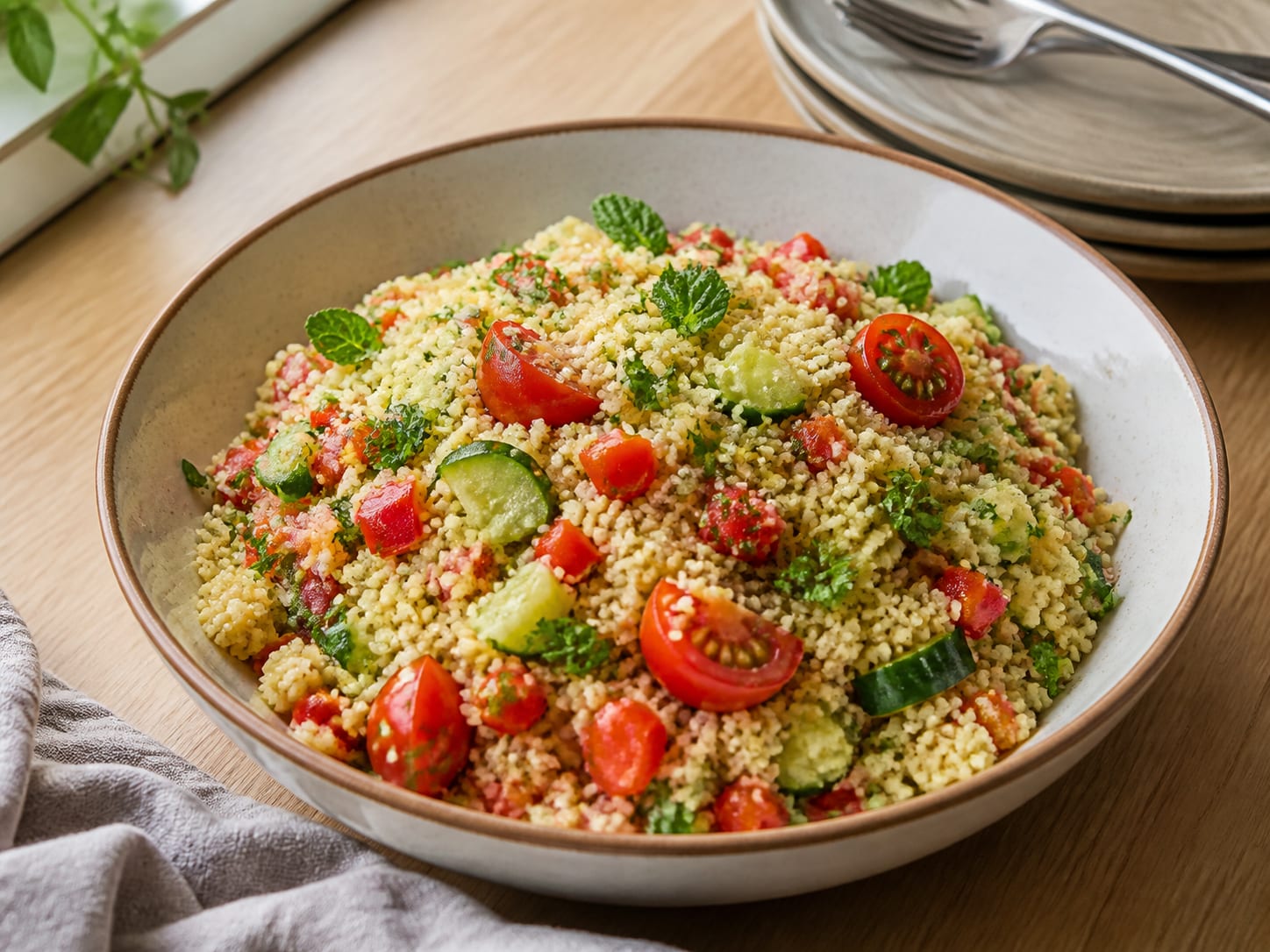 Couscous-Gemüse-Salat, plated for serving