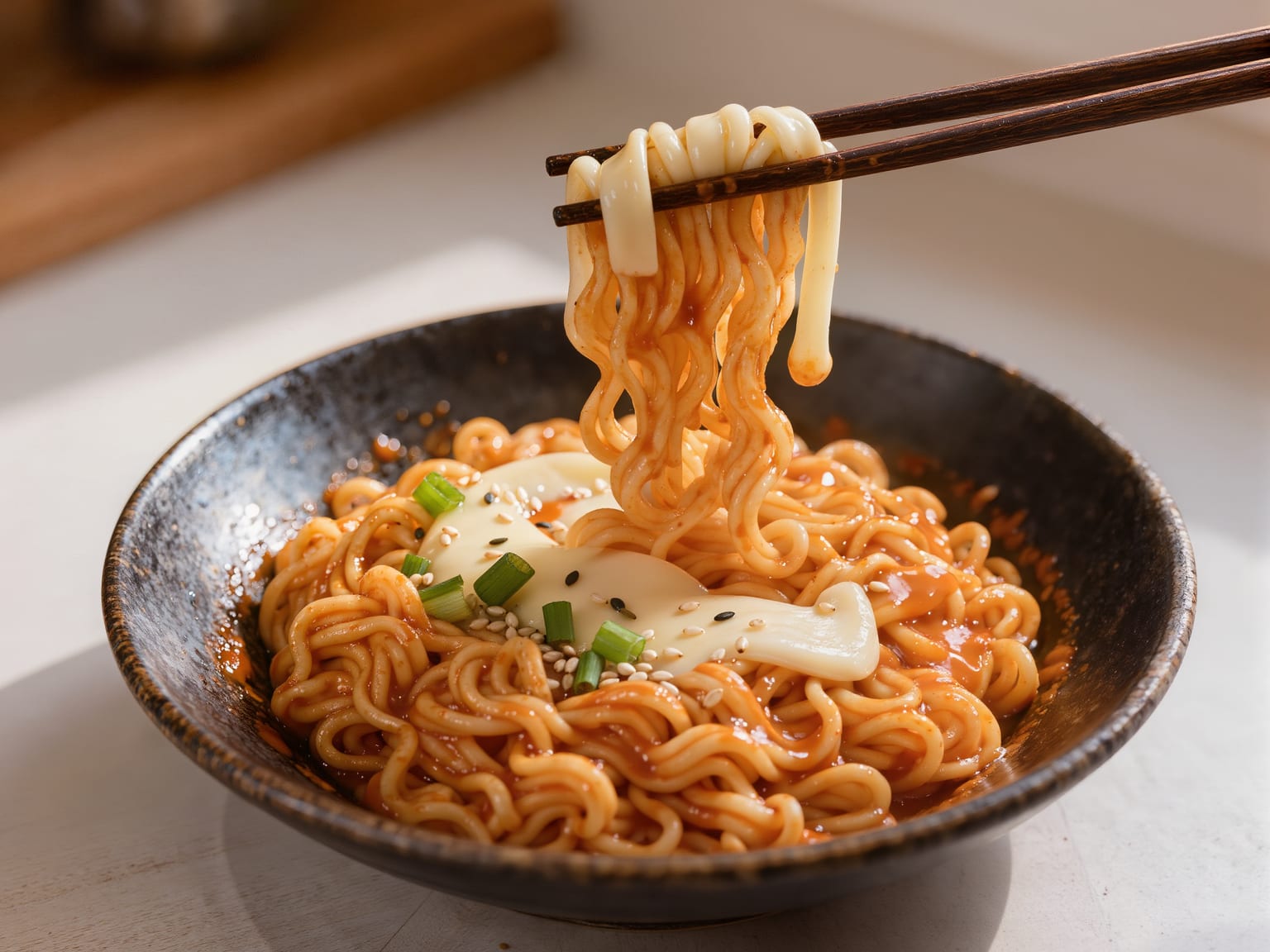 Fiery orange buldak noodles coated in a creamy cheese sauce, topped with scallions and sesame seeds