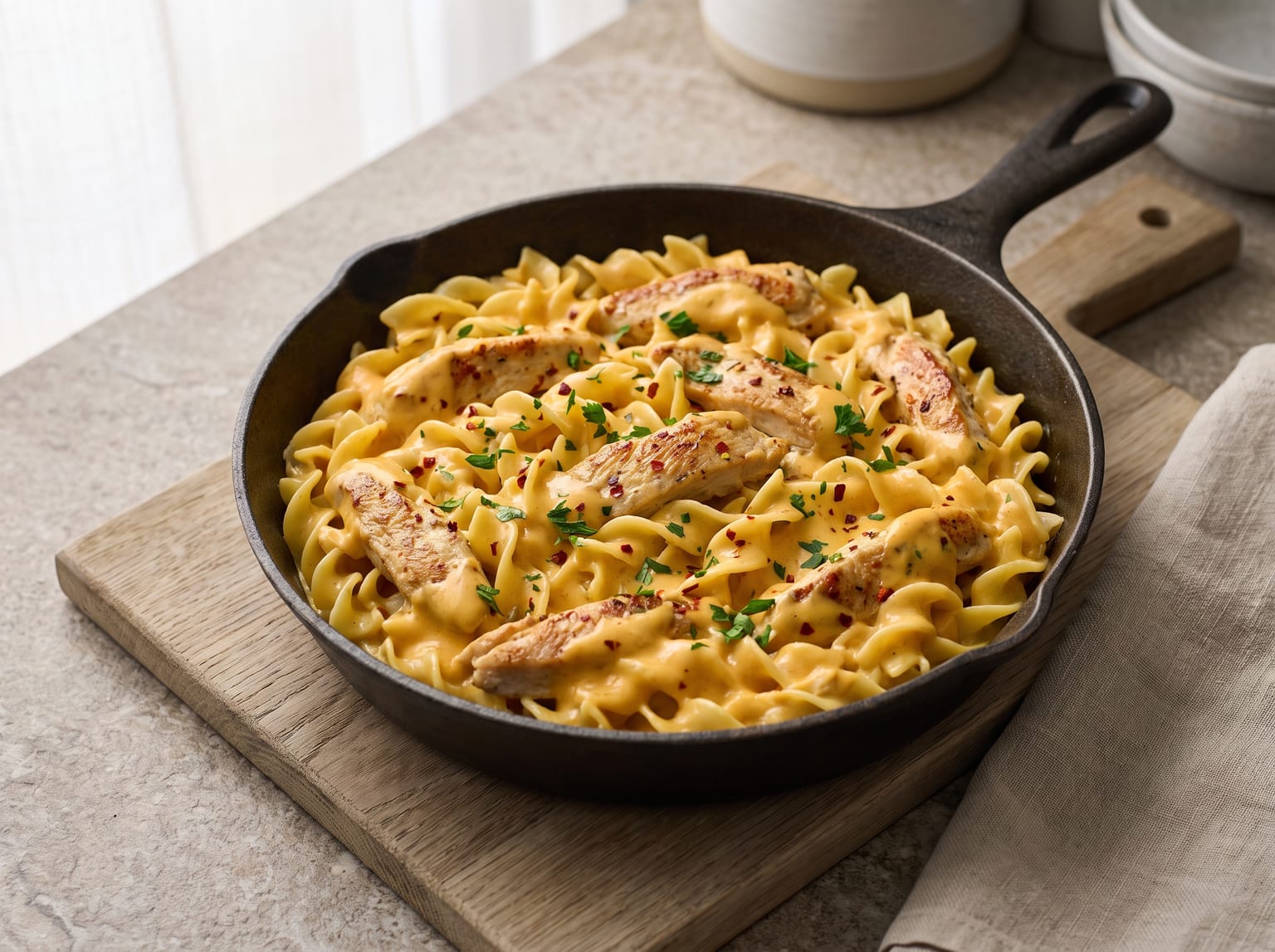 A skillet of creamy egg noodles with seared chicken strips in a spicy cheddar sauce