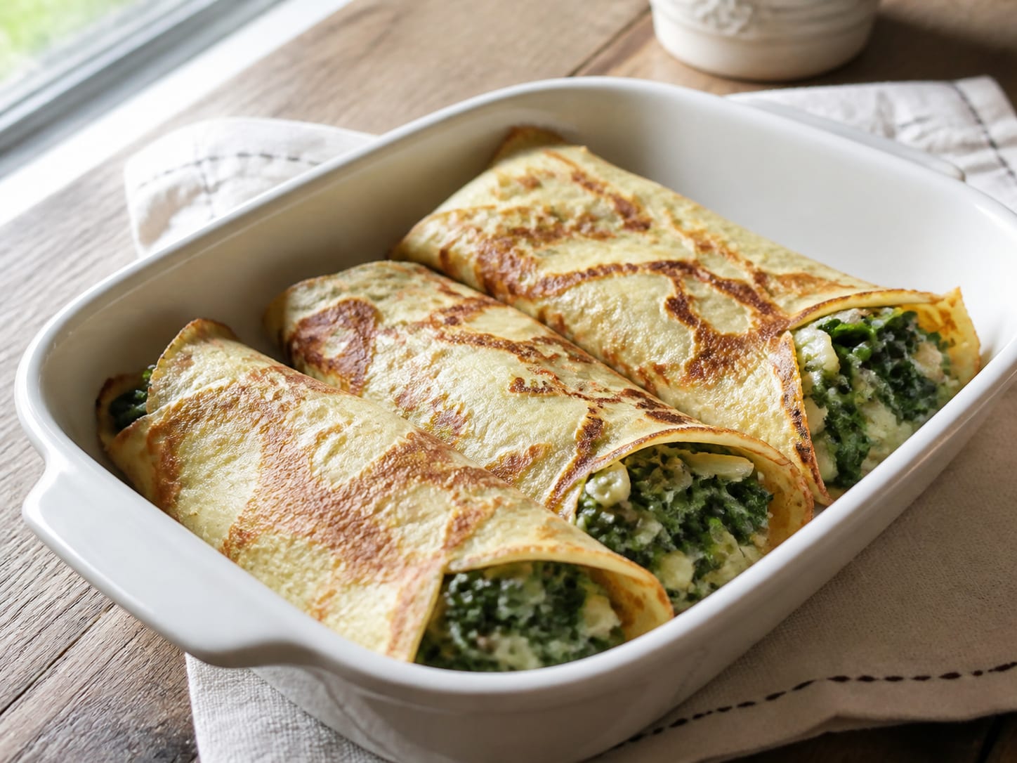 Crêpes mit Mangoldfüllung, plated for serving