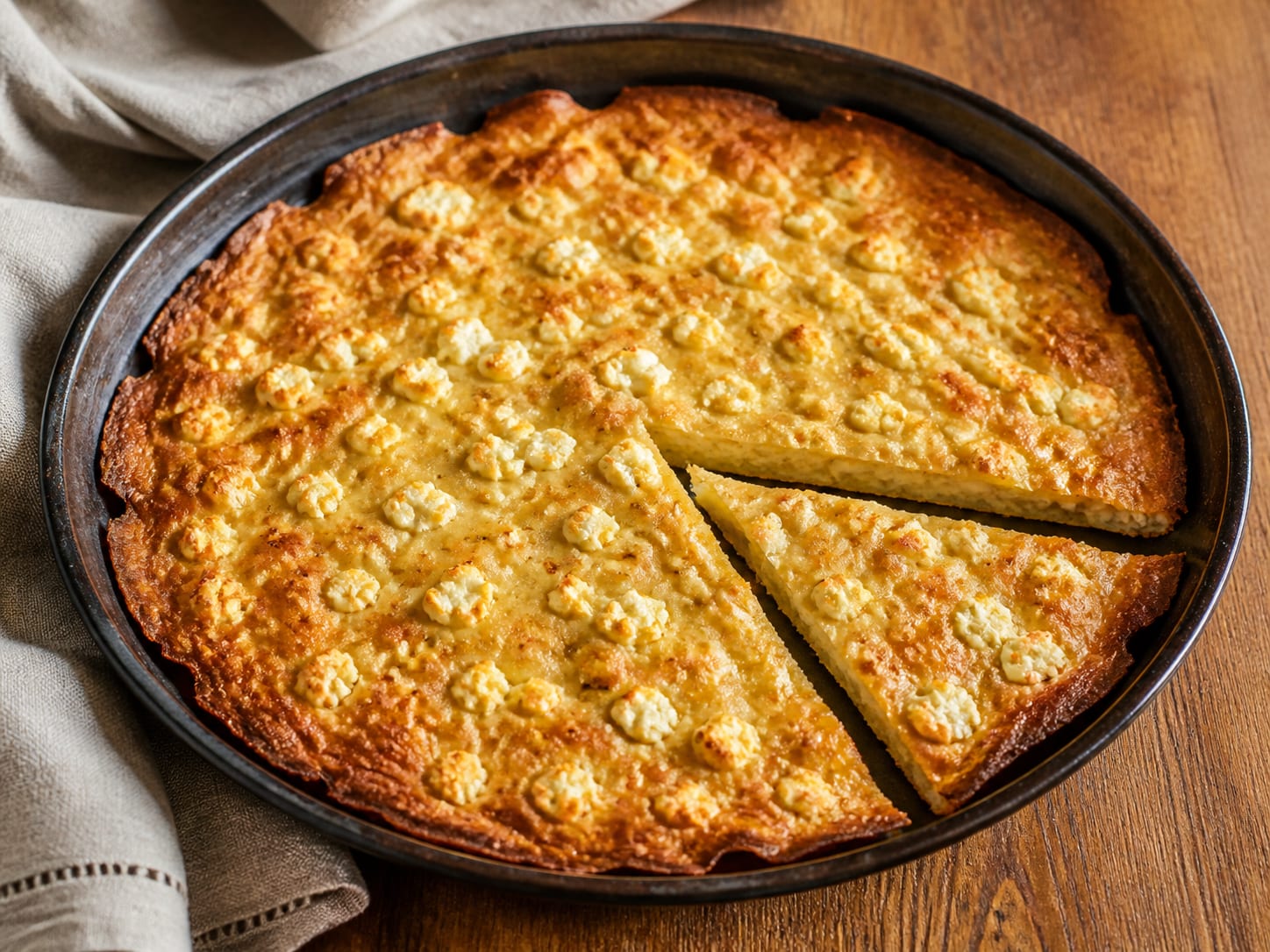 A thin golden Greek feta batter pie with crisp irregular edges and one cut wedge revealing its tender centre