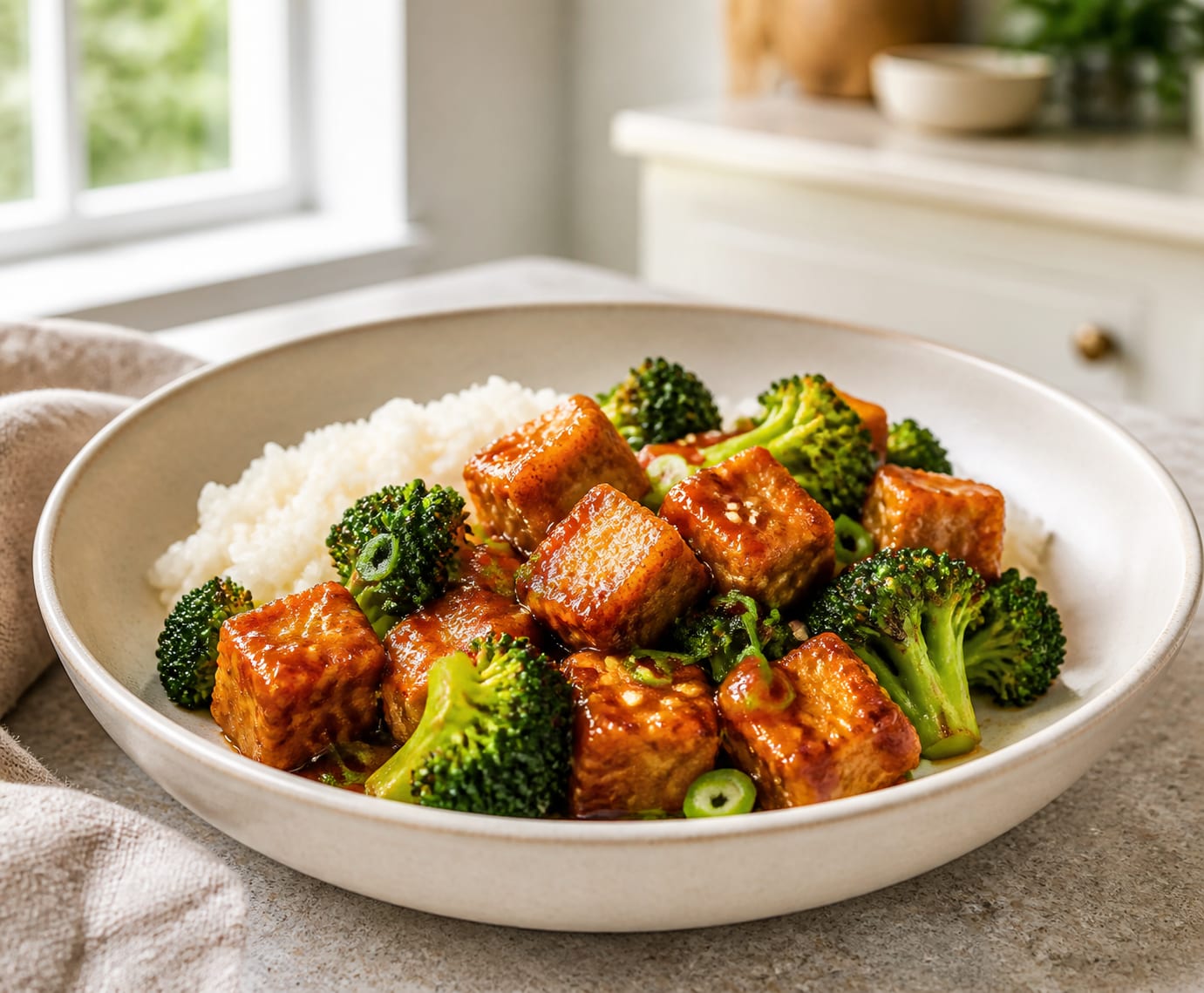 Golden crisp tofu cubes and bright green broccoli in a glossy red gochujang sauce, in a cream bowl under natural light, scattered with scallions and sesame seeds