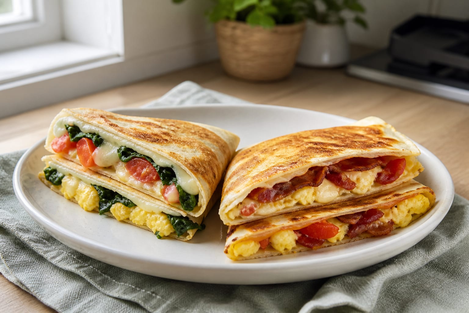 Knuspriges Tortilla-Frühstück schmilzt, zwei Möglichkeiten, serviert als natürlich-leichtes redaktionelles Essensfoto