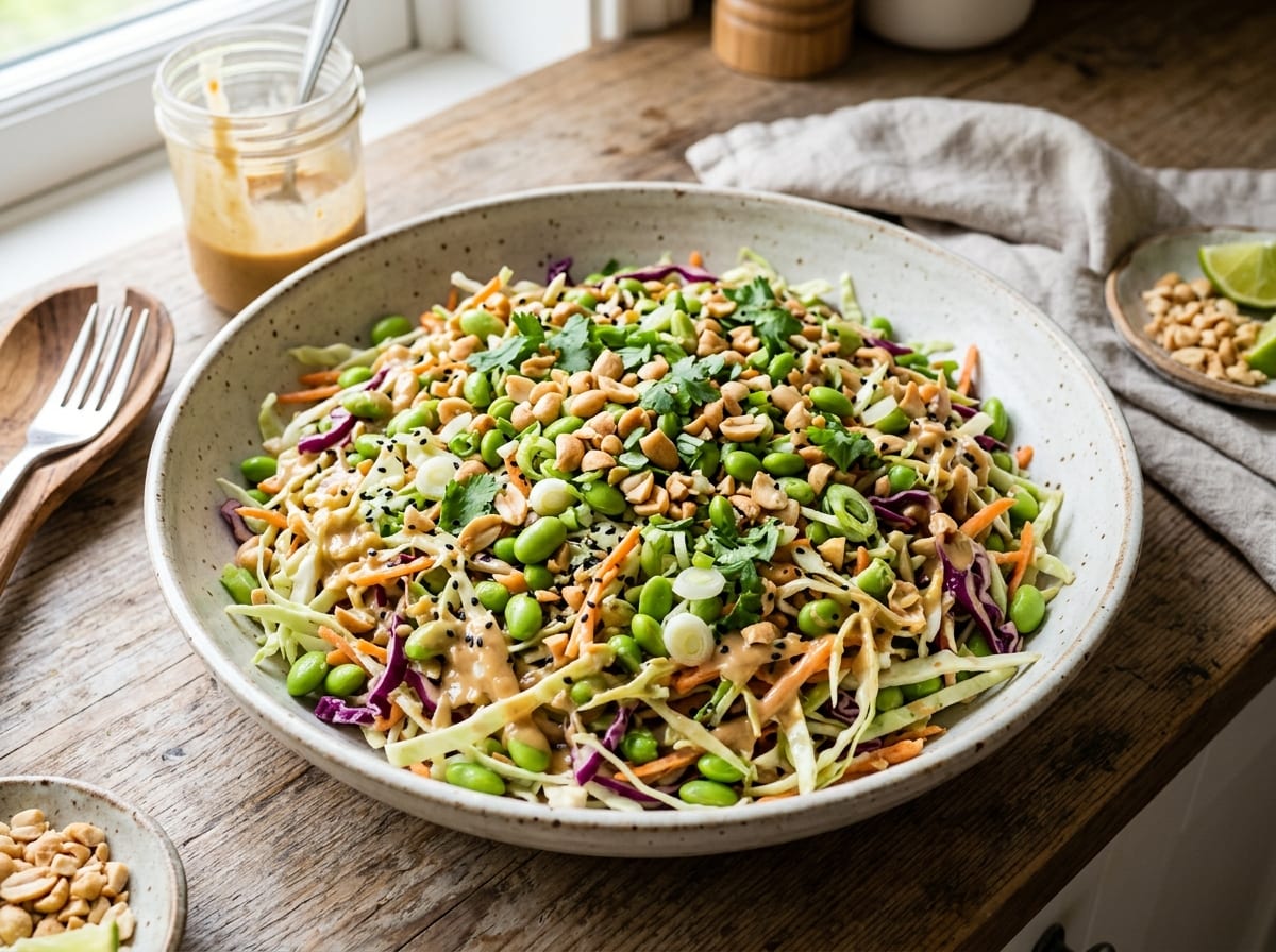 A wide bowl of finely shredded pale and red cabbage with bright green edamame, orange carrot and chopped peanuts, glossy with a pale brown peanut dressing