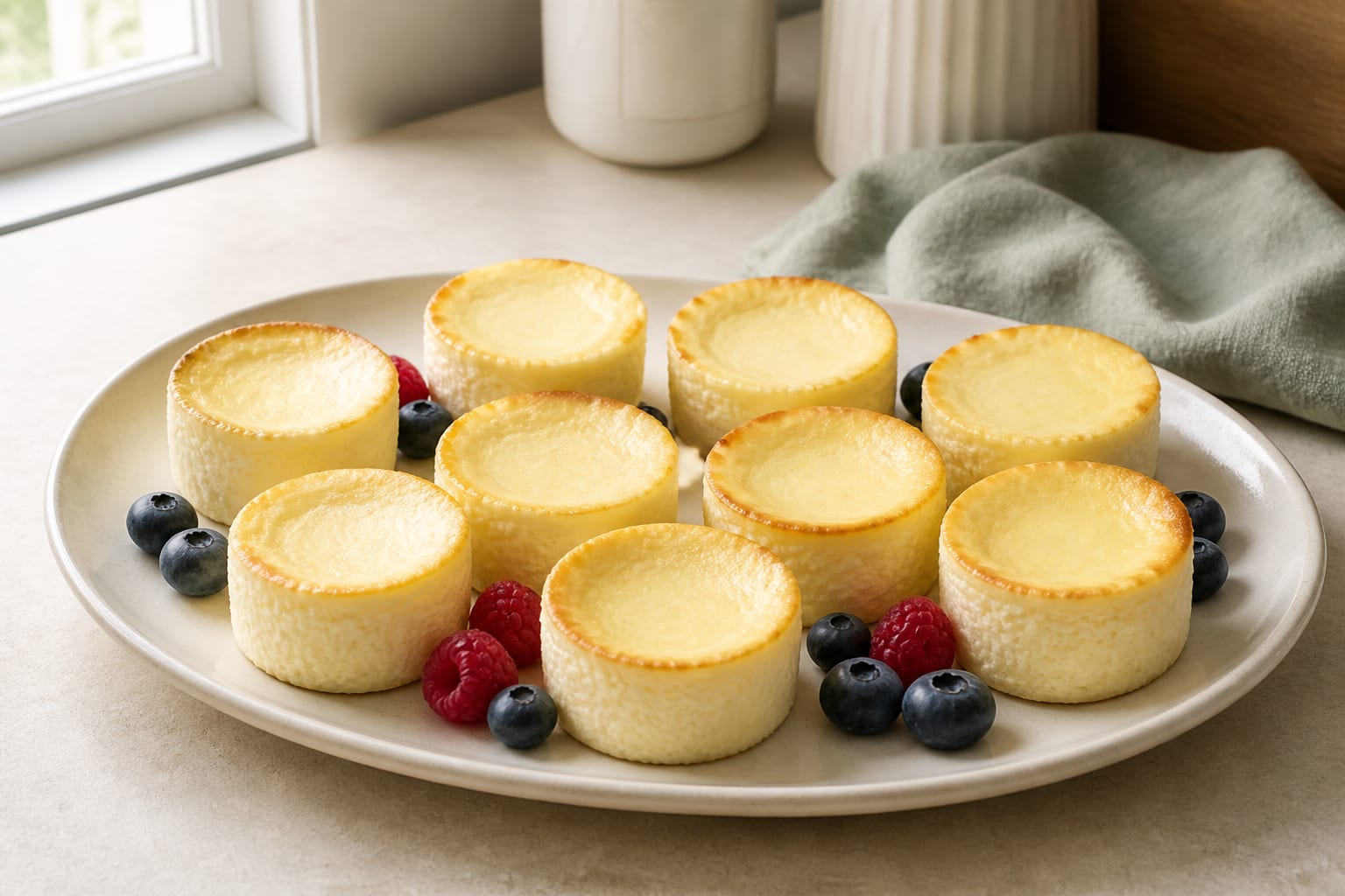 Eight small crustless ricotta cheesecake cups with pale golden edges and a restrained fresh-berry garnish on cream ceramics in natural light