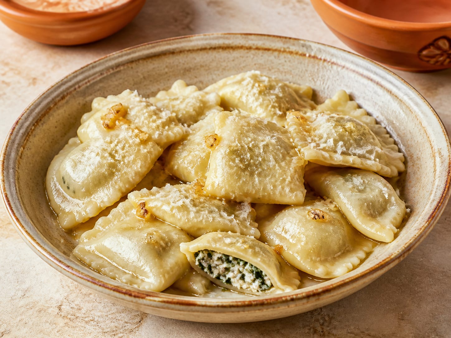 Ravioli: Zypriotische Halloumi und Minznudeln, serviert als natürlich beleuchtetes redaktionelles Lebensmittelfoto