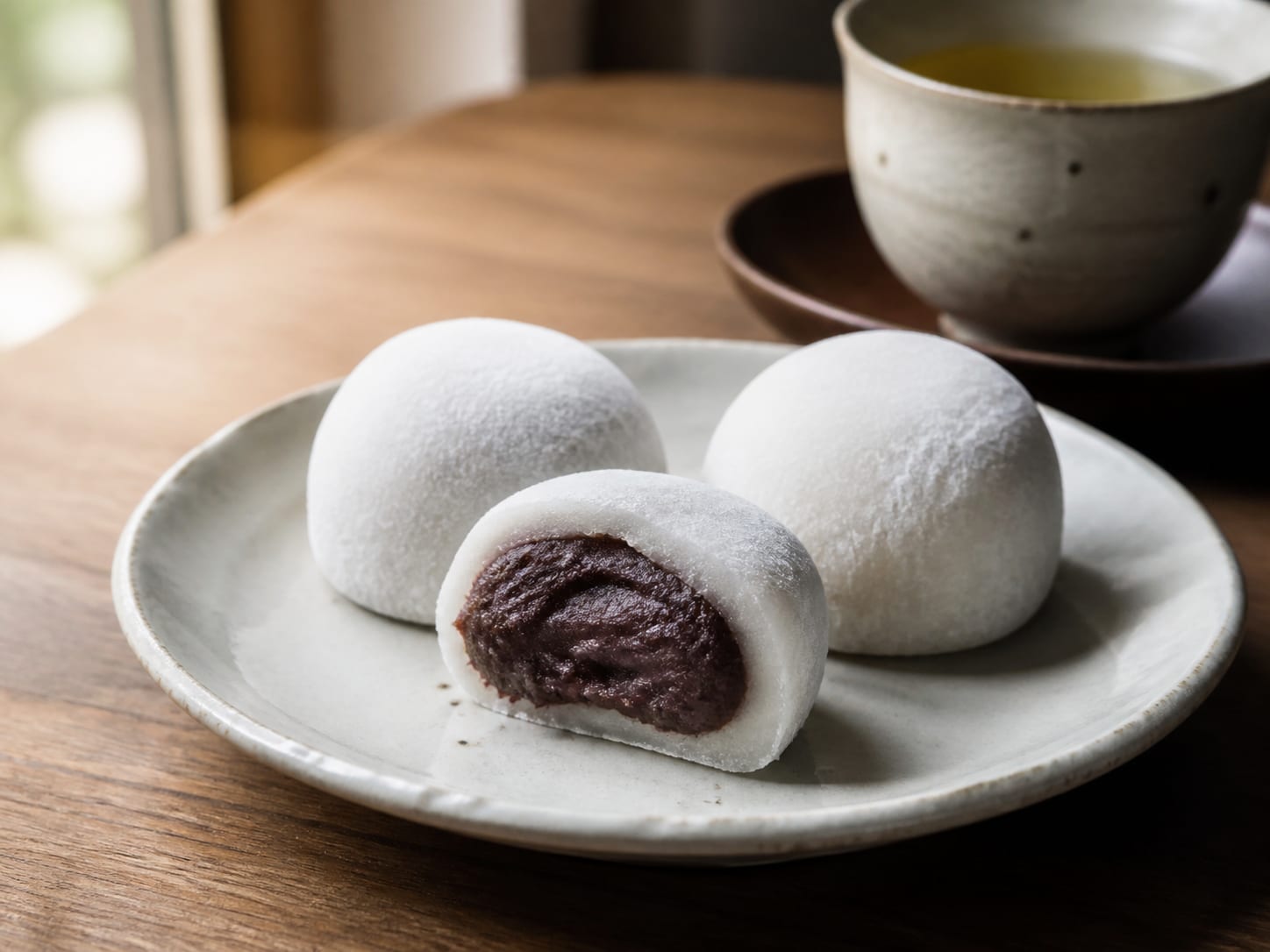 Nine snow-white daifuku dusted with potato starch, one cut in half to show the ball of sweet red bean paste inside