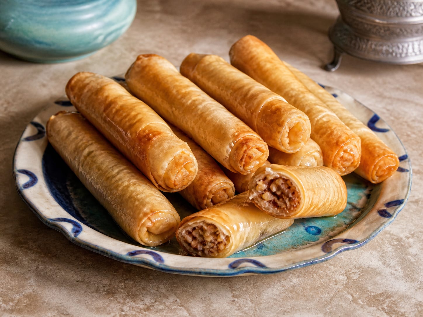 Dáktyla: Cypriot almond pastry fingers served as a natural-light editorial food photograph