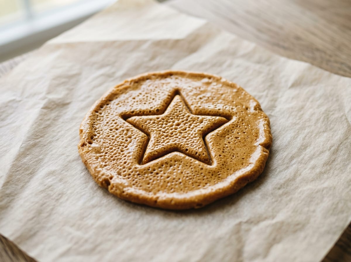 Several flat amber dalgona honeycomb candies with a shape stamped into the center, cooling on a sheet of parchment paper
