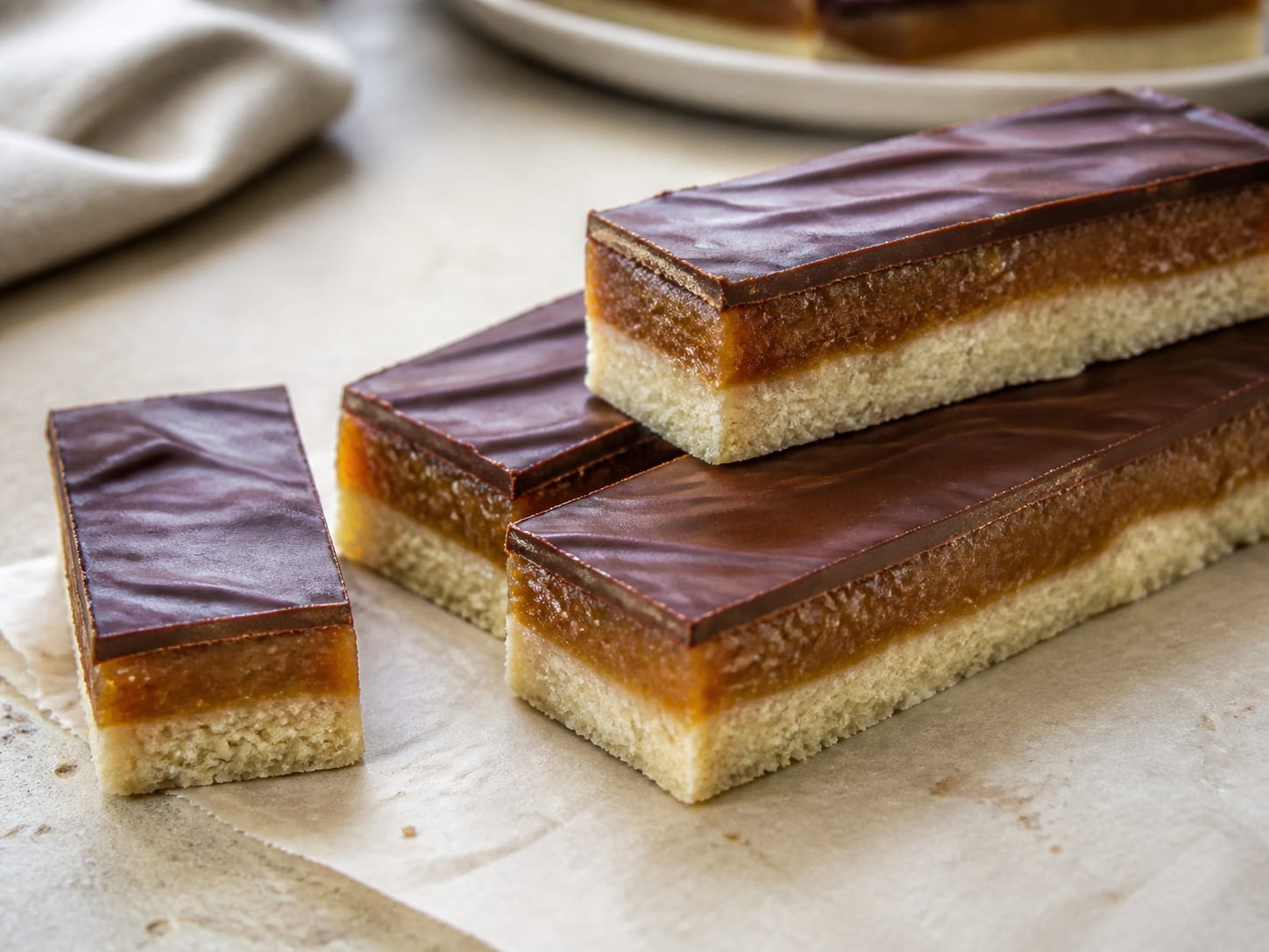 Twix-artige Riegel mit Dattelkaramell auf Backpapier angerichtet
