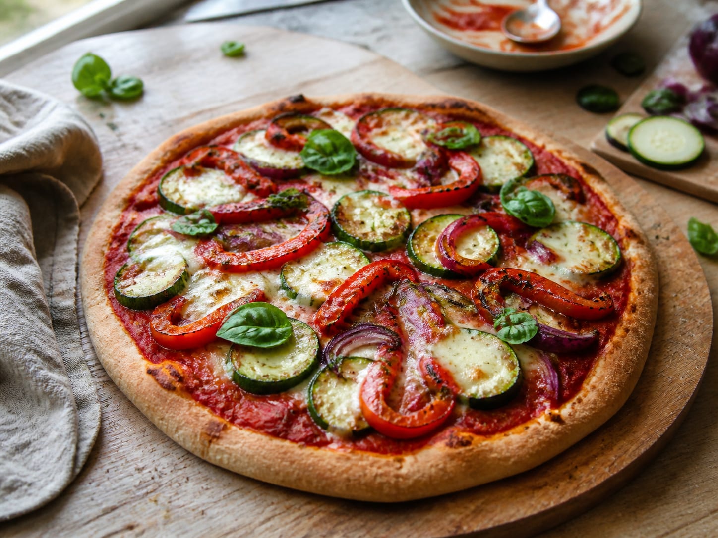 Dinkel-Pizza mit Gemüse, plated for serving