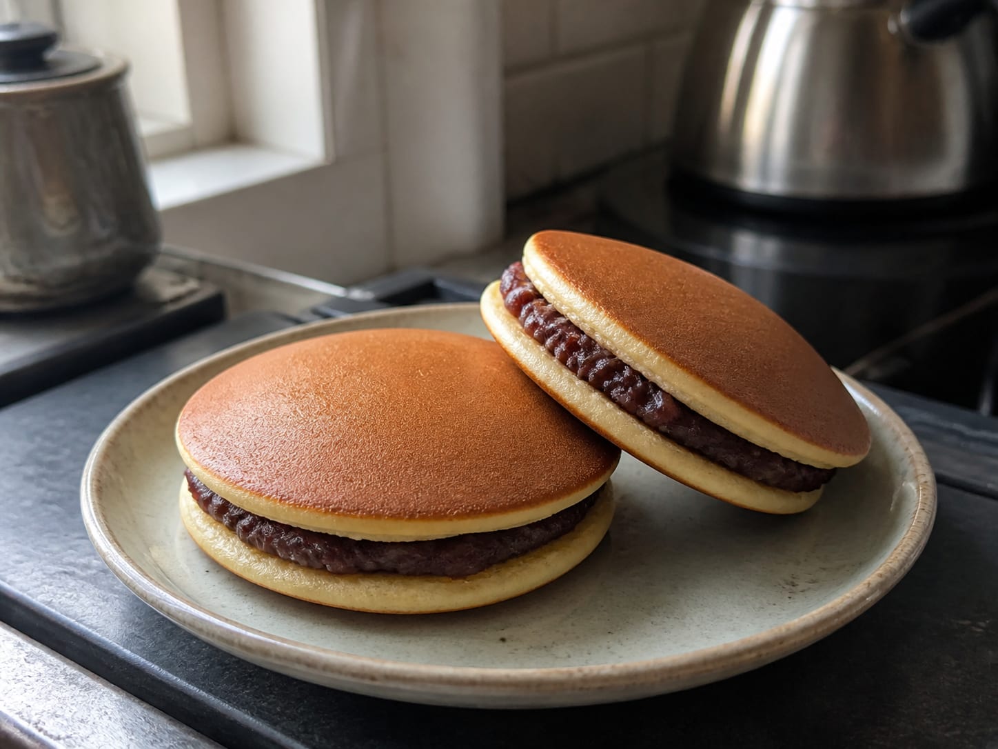 A stack of golden dorayaki pancakes sandwiched with a thick layer of sweet red bean paste, one halved to show the anko filling
