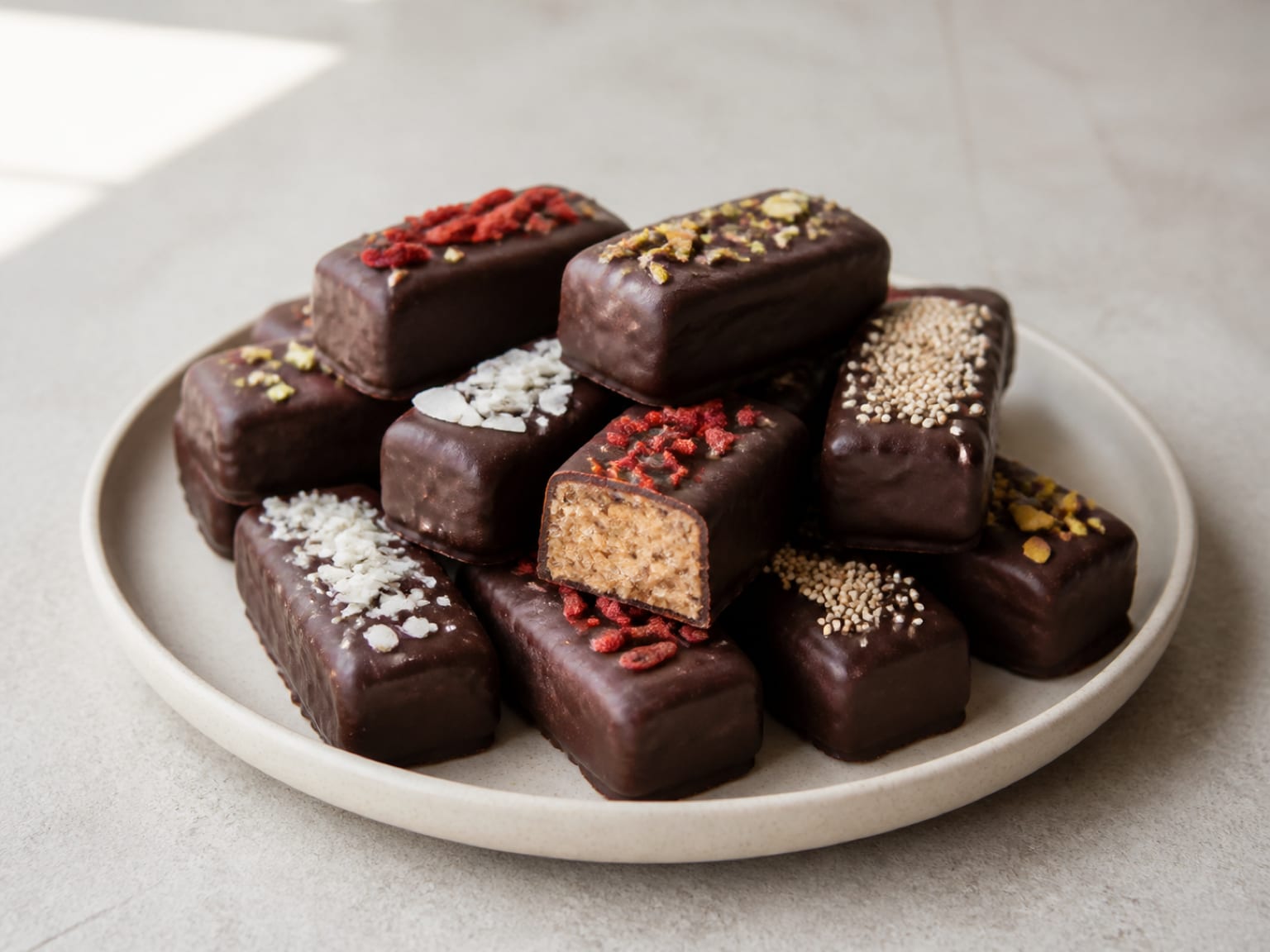 Mit dunkler Schokolade überzogene Proteinriegel mit Pistazien, Goji-Beeren, Kokos und gepuffter Quinoa