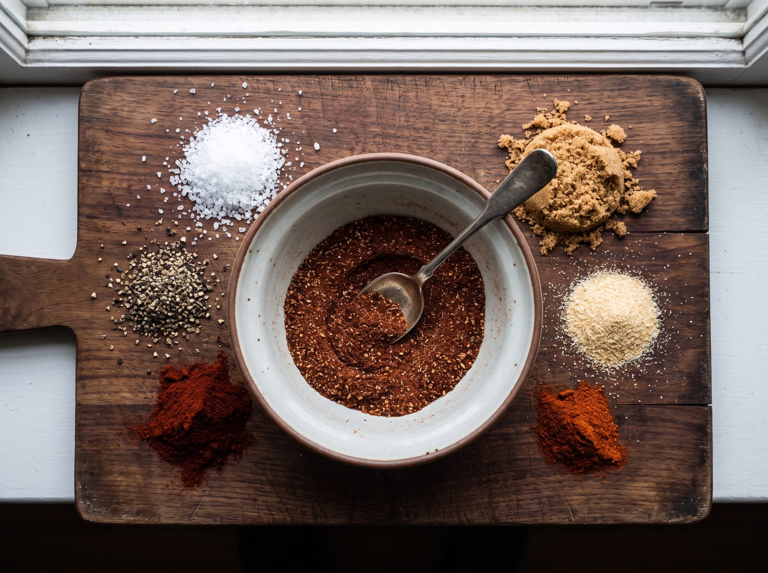 An overhead flat lay of dry rub components on a dark board, separate heaps of salt, cracked pepper, paprika, brown sugar, garlic and cayenne around a bowl of the mixed red-brown rub