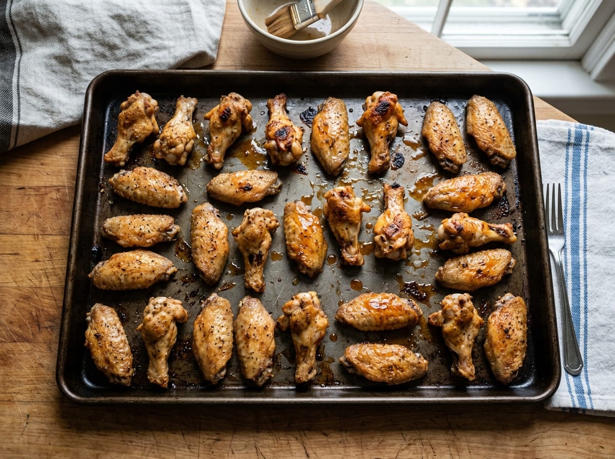 A single layer of golden-brown baked chicken wings on a dark sheet pan, some pieces glazed with sauce, with a pastry brush and bowl of glaze nearby
