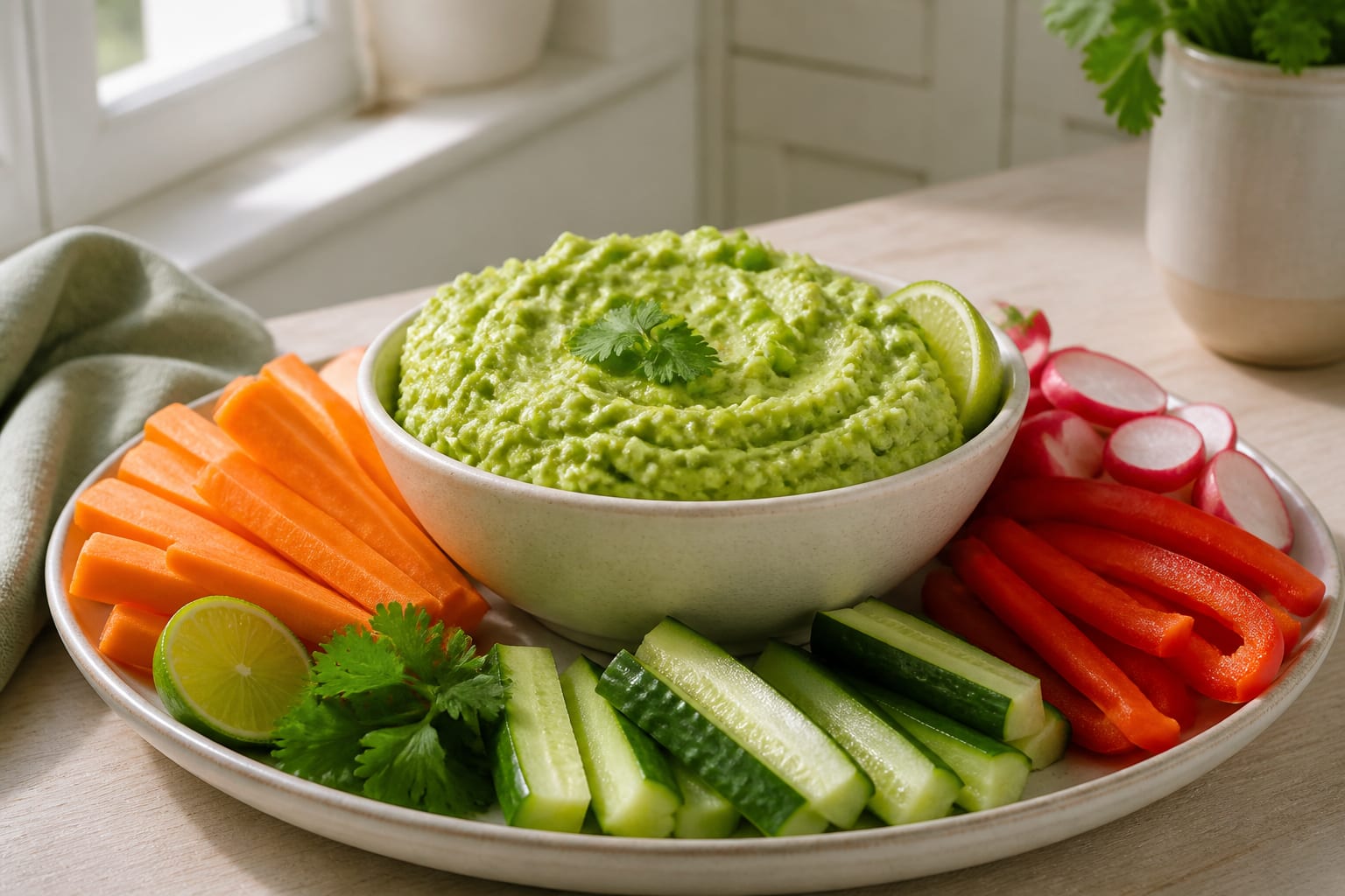 A cream bowl of pale green edamame-avocado dip surrounded by neat carrots, cucumber, bell pepper, and radishes on a bright kitchen table