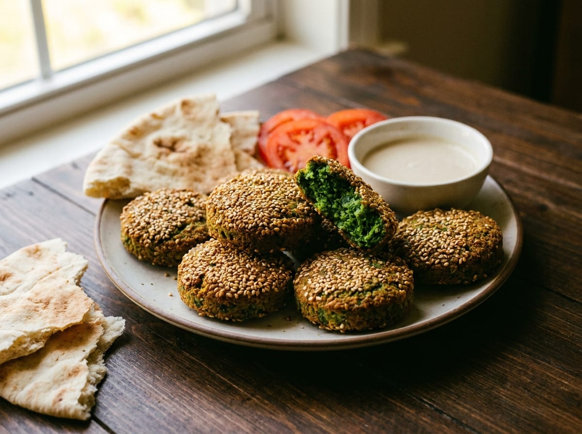Flache, mit Sesam panierte Ta'ameya-Bratlinge, eine aufgebrochen mit kräftig grünem Inneren, serviert mit Fladenbrot und Tomate