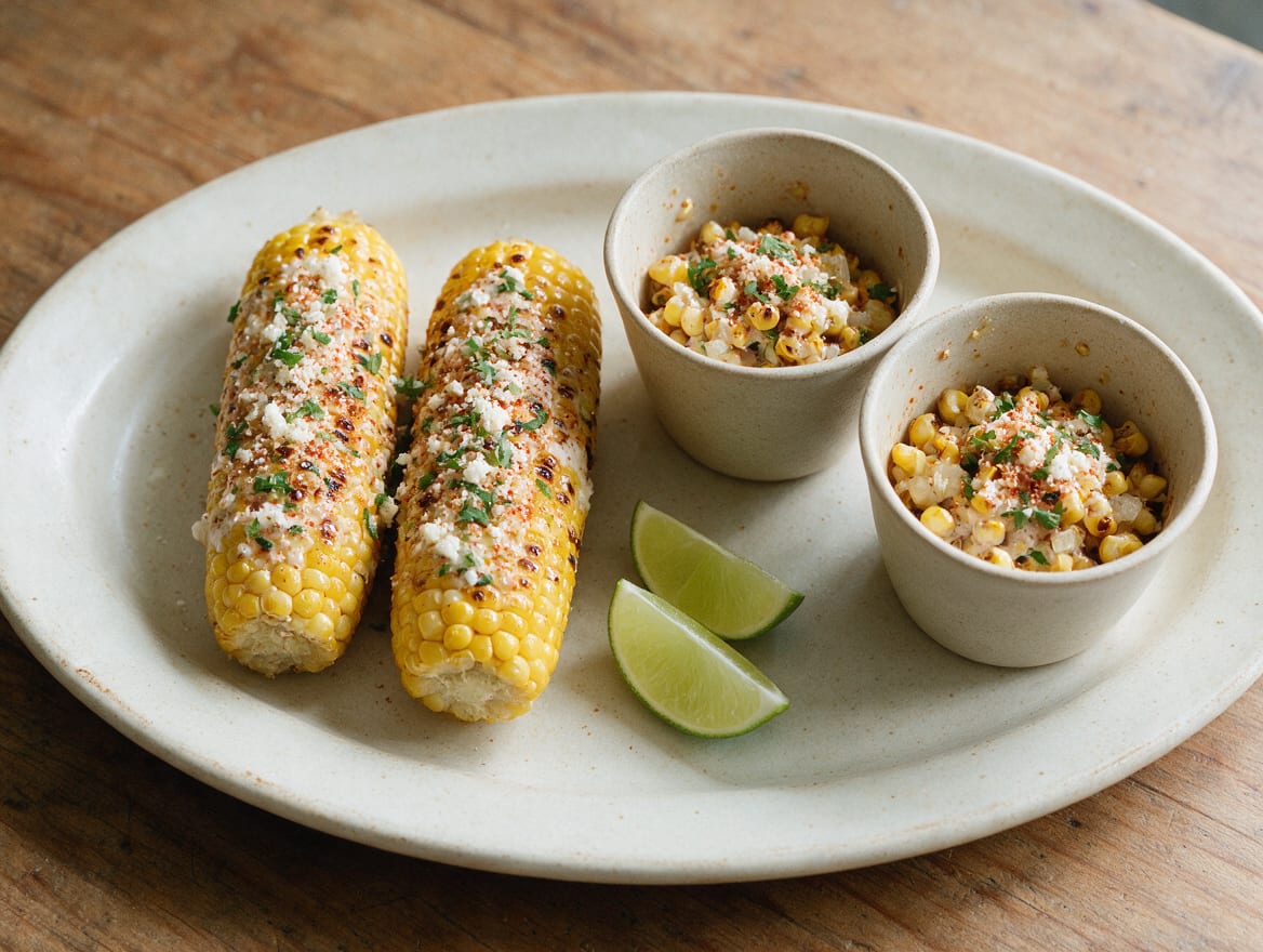 Geröstete Elote-Kolben und warme Esquites-Becher nebeneinander, beide mit Limetten-Crema, zerbröseltem Cotija, milder Chili und Koriander