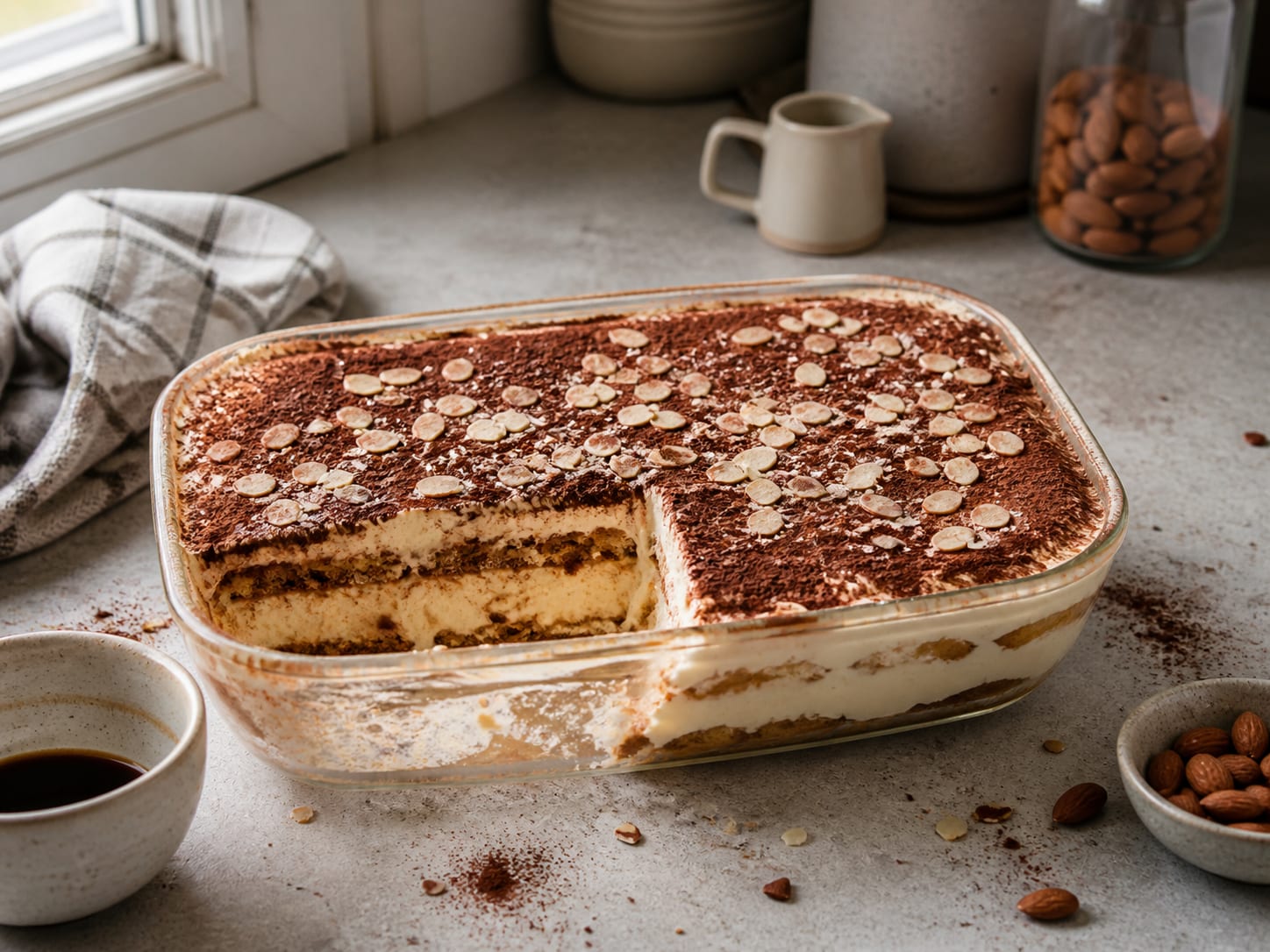 Espresso-Mandel-Veganisu, plated for serving