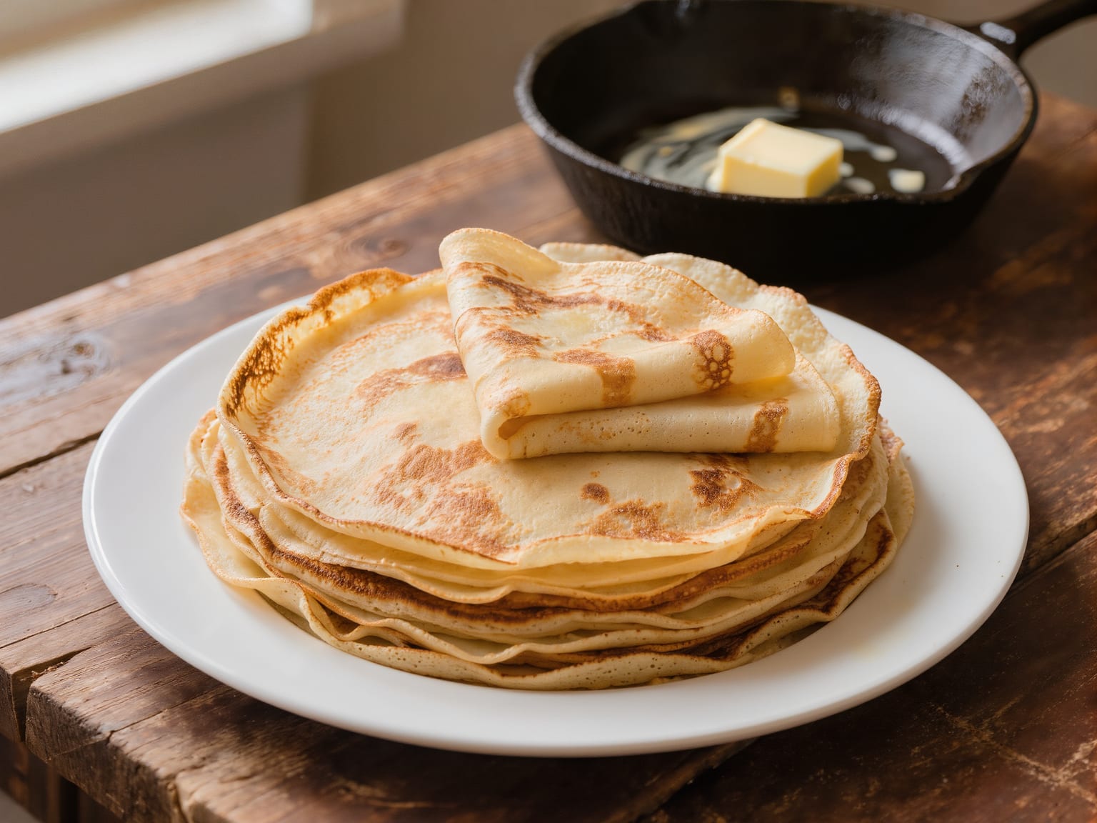 A stack of thin golden Swabian Flädle pancakes on a plate beside a skillet