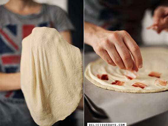 Ultra-thin Alsatian Flammkuchen with crème fraîche, translucent onion, crisp bacon, and blistered edges