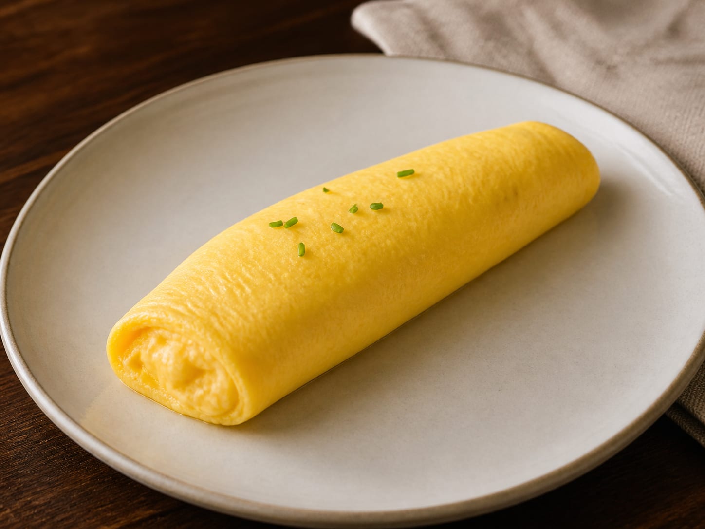A pale rolled French omelette on a cream plate with chives and no browning