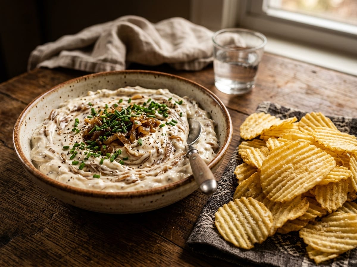 A bowl of thick pale dip shot through with dark brown caramelised onion, topped with chives, beside a pile of ridged crisps