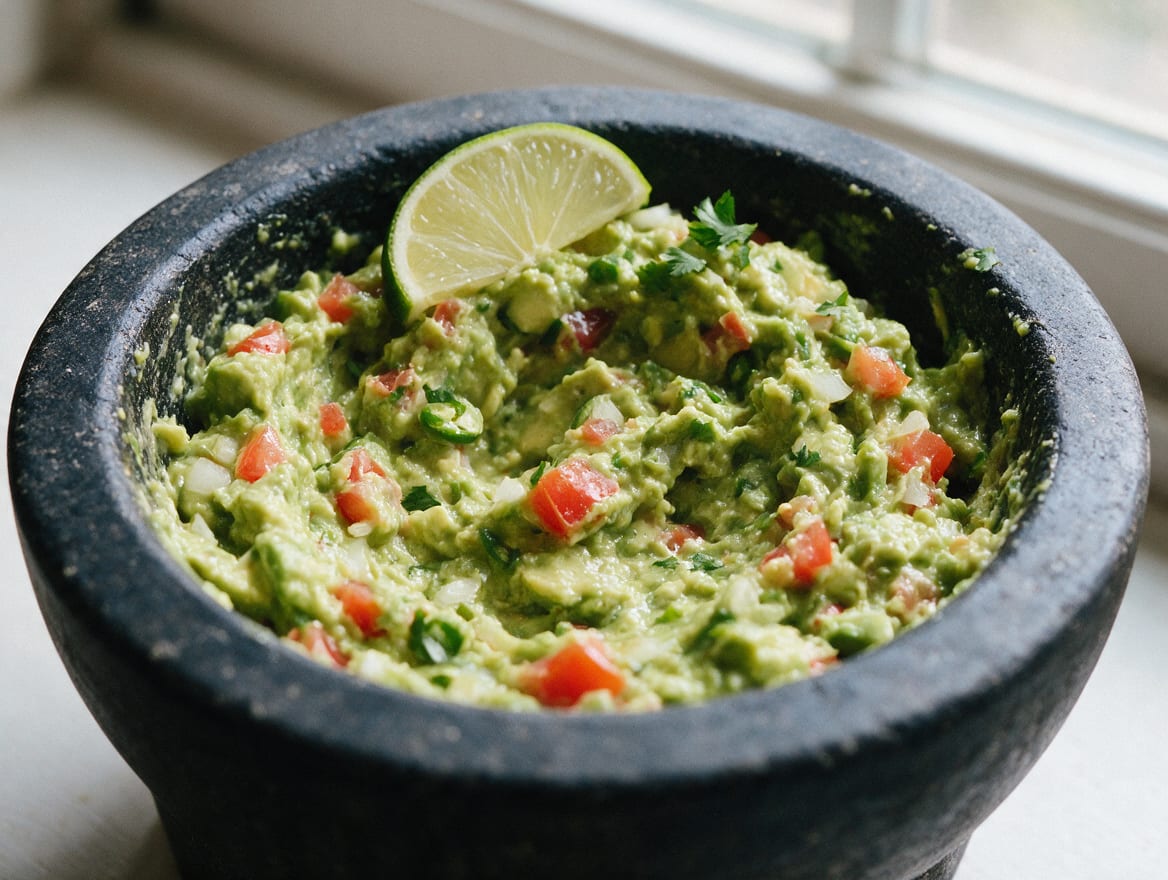 Chunky fresh guacamole with visible avocado, tomato, white onion, serrano chile, cilantro, and lime in a shallow stone bowl