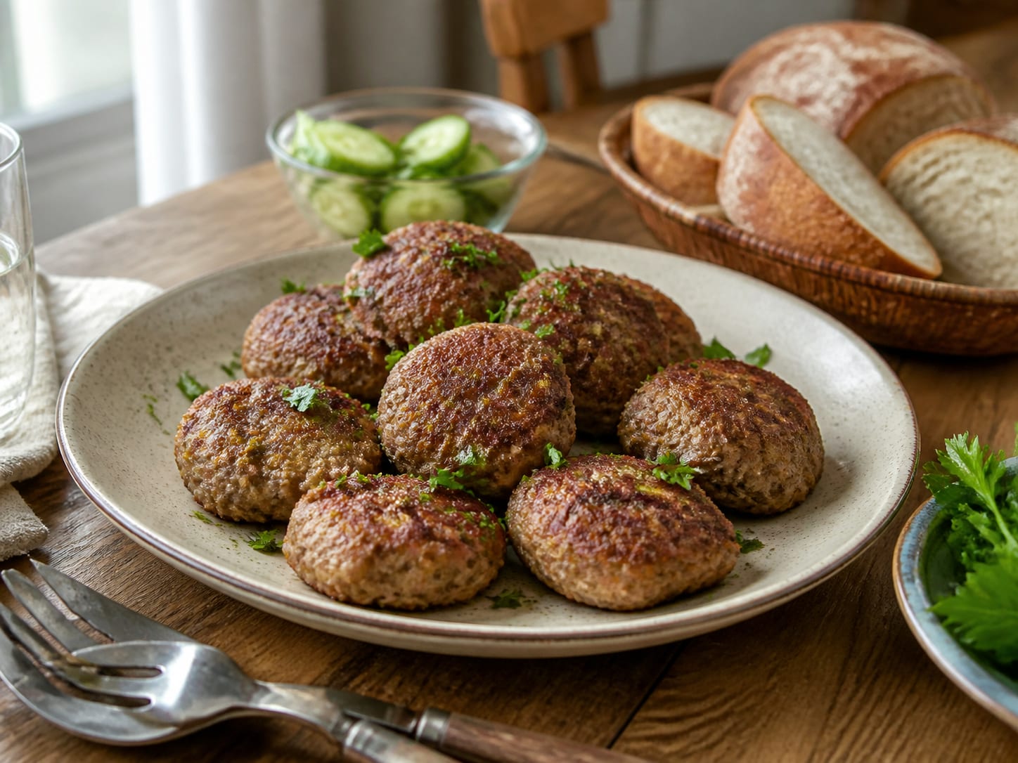 Frikadellen aus Brotresten, plated for serving
