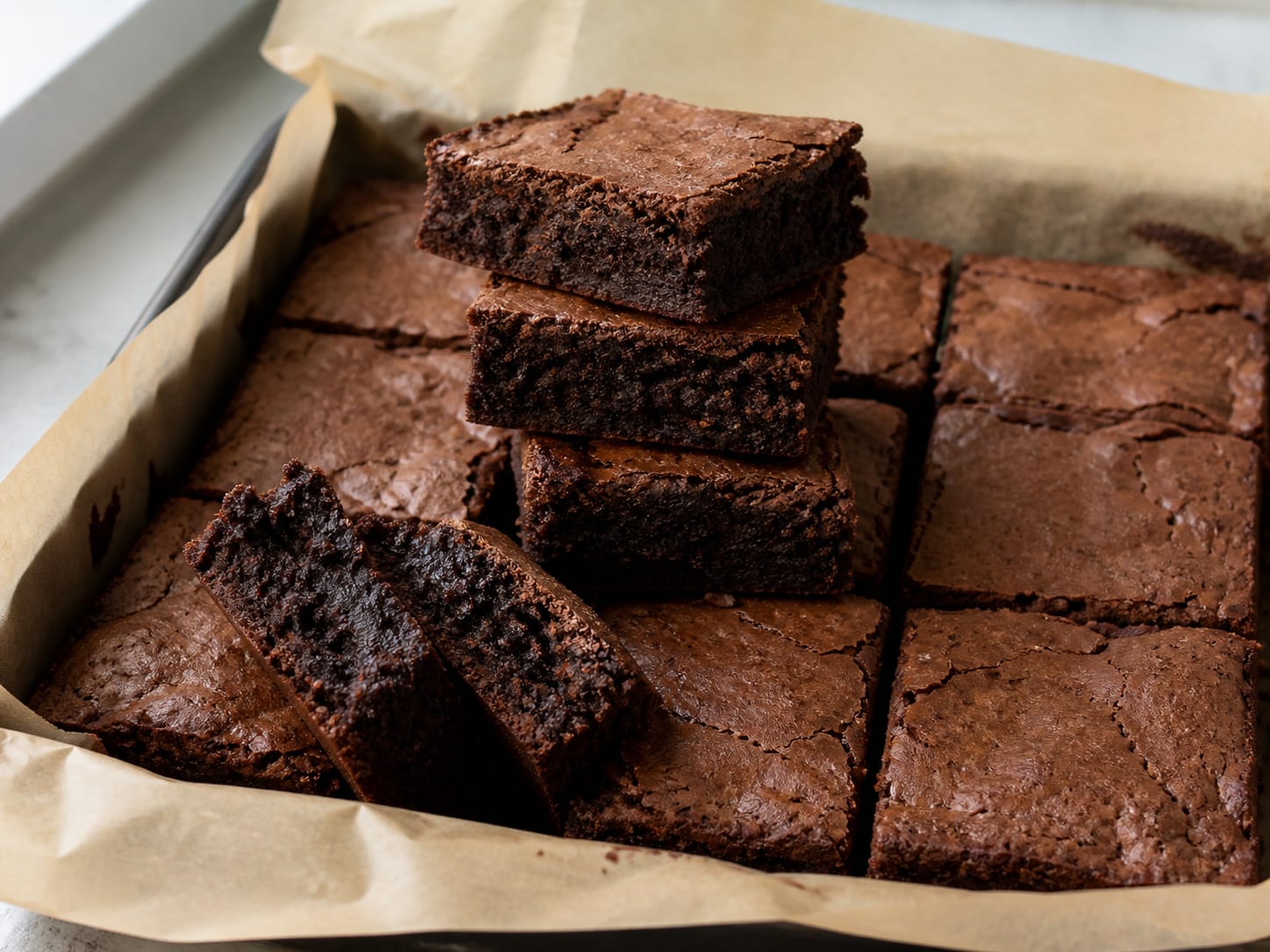 Fudgy brownies arranged for serving